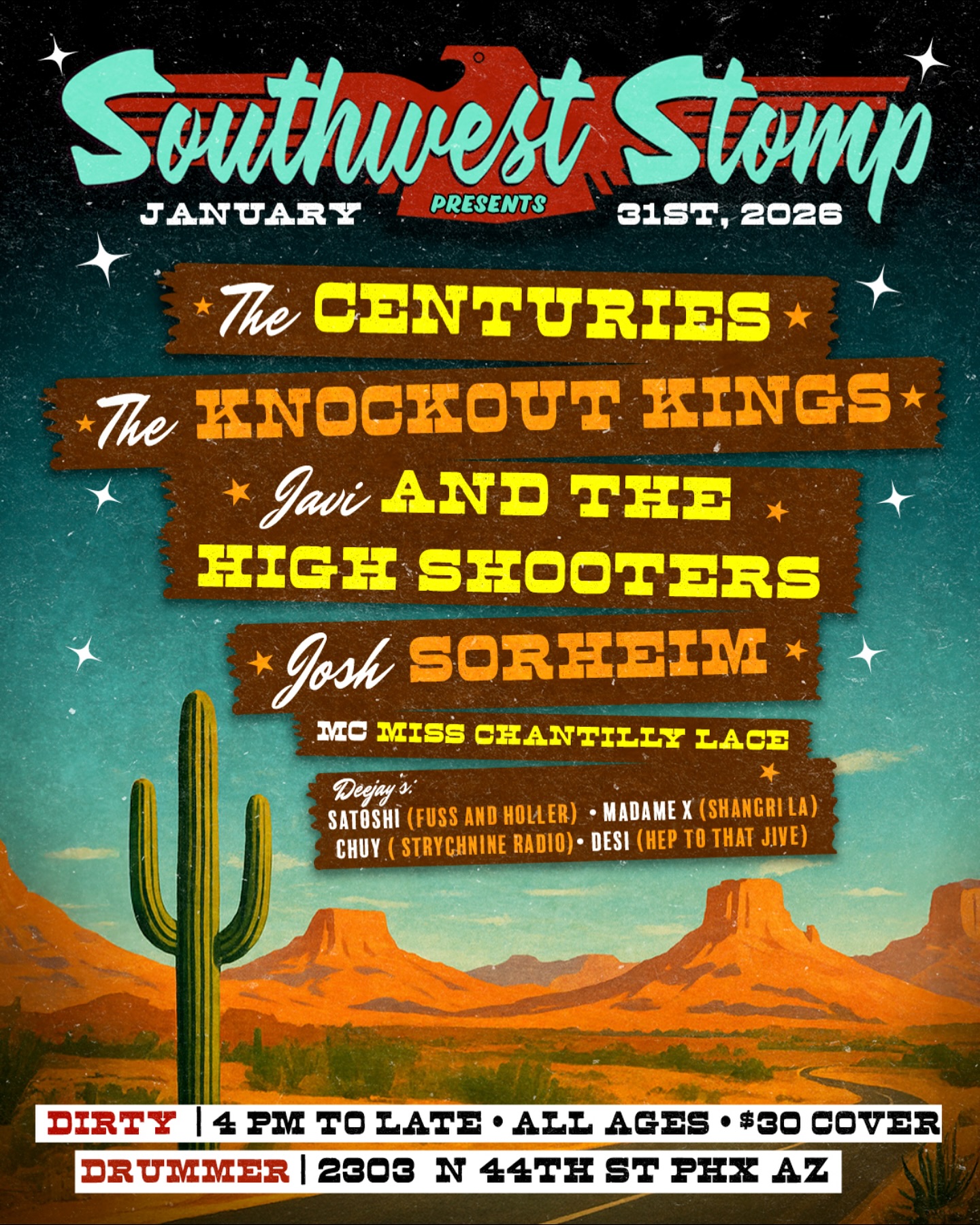 **see link in bio to purchase 🎟️ tickets **
BABY COME ON OVER TO THE DIRTY DRUMMER FOR SOUTHWEST STOMPS 3RD ANNUAL BIG SHOW! We’ve searched high and low to bring you a whole slew of talent. All but one of these acts have never played in PHX! We are bringing back a PHX FAN favorite THE CENTURIES!!! They are sure to make you smile laugh and dance!! Introducing The Knockout Kings to PHX sure is a pleasure If you love late 50’s ROCK AND ROLL you’re gonna be delighted! Introducing Javi and the High Shooters!! Fantastic band hailing from WILD records they sure will have ya smiling, jumping and wailing with there infectious beats and fantastic charisma! Josh Sorheim joins us all the way from Minnesota don’t cha know! Josh blends Midwest hospitality with a guitar that sings like a bird and growls like a tiger. Special surprise local fellas will be backing him up and will provide that back beat! The DJ’s we’ve selected have all been dj’n and promoting for a long time and were honored to put them our roster and behind the wheels of steel! Satoshi, Madame X, Desi Dagger and Chuy! If you’ve been to Fuss and holler, shangri la or hep to that jive record hops you’ve been stuck in the dance floor as these DJ’s bring the platters that matter the most making sure you’re on the floor! Chuy hails from a damn fine Rockin podcast strychnine radio! We’ve also enlisted the Beautiful Miss Chantilly Lace for MC duties, you’ve seen her host pinup pageants and MC for the rockabilly bash, with a warm heart a beautiful smile and a positive up beat way about here she’s sure to get the crowd ready for Rockin! We are also going to have some vendors and DJ’s in the pac west room where we hold the monthly record hops. We’re so excited about this gig and hope yall are too!! $30 for 4 outta town bands and 4 outta town DJ’s! Open turntables in the vendor room so if you’re keen to bring some records and entertain the shoppers and vendors please get with us! Also there is limited space for vendors so please hit us up and we will get ya sorted! Thanks Nova, ANOTHER KILLER FLYER! As always this one’s for you TOM TOM!