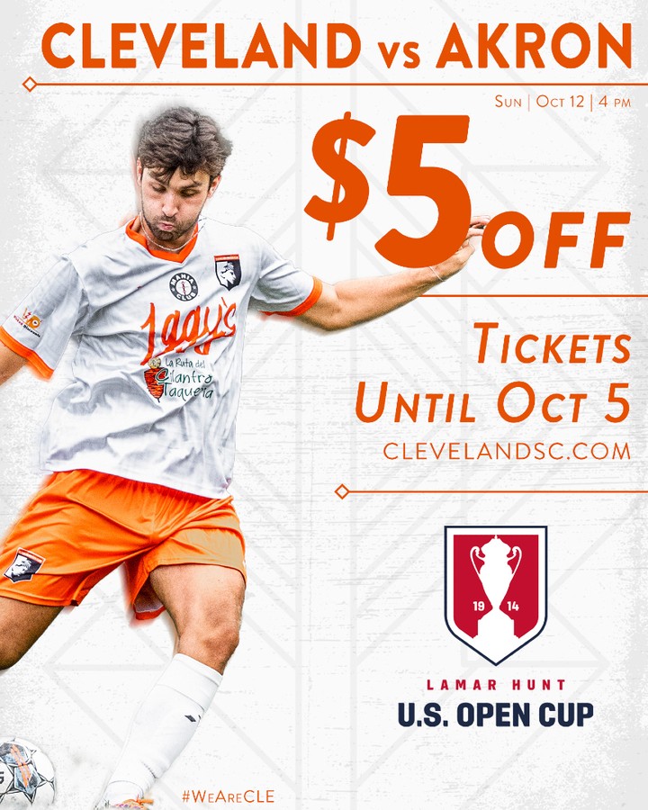 🔥 5 Days to Save $5! 🔥
Don’t miss Cleveland vs @akroncityfc in the U.S. Open Cup! $5 OFF tickets ends October 5
📅 Sunday, October 12 | 4 PM
🎟️ ClevelandSC.com
🧡🤍🖤 #WeAreCLE