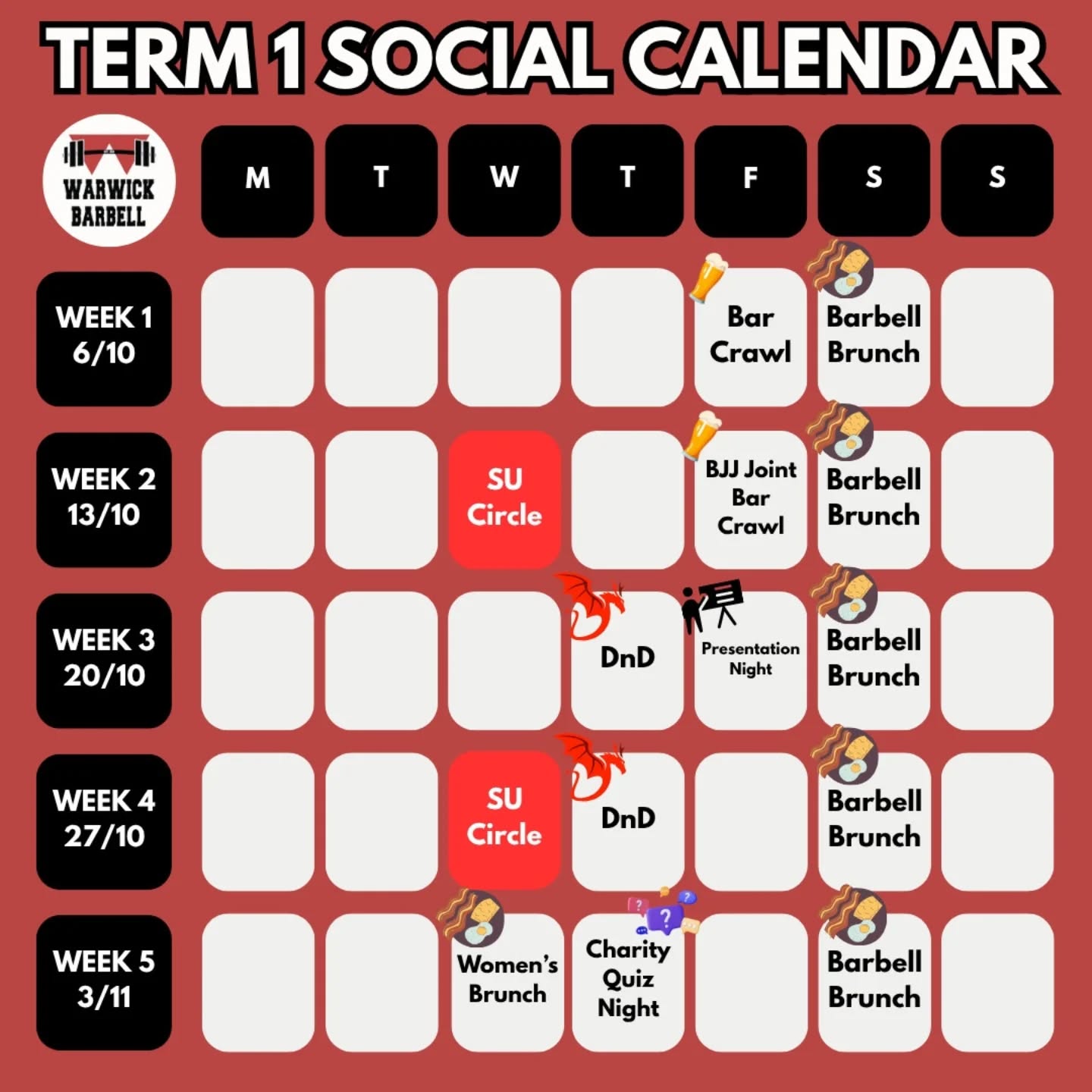 ‼️SOCIAL CALENDAR IS HERE‼️
We have a term full of amazing socials for you all, and we're starting week 1 off with a Bar Crawl! Each Saturday before our training session we all meet up at the Varsity Pub for a brunch - this is an age old tradition and will still happen on weeks 8+9 despite there being bar crawls as well.
See you all (hopefully) at our first social on Friday! 💪💪💪