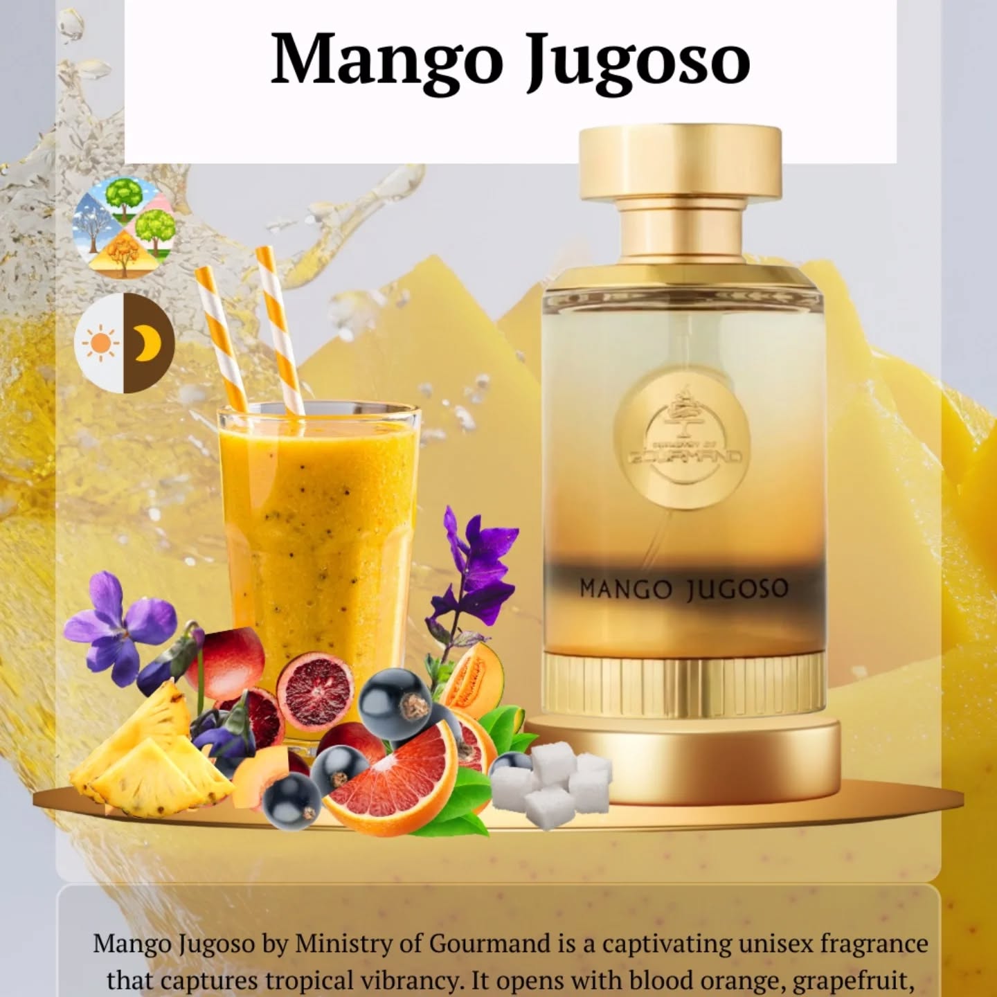 Mango Juguso Slide 4 🥭 Bursting with tropical sunshine! Mango Juguso blends mango, peach, jasmine, vanilla. ✨ Perfect for summer or weekend vibes. 💬 What’s your favorite tropical scent? #MangoPerfume #TropicalFragrance #FruityPerfume #GourmandPerfume #LuxuryPerfume #PerfumeOfTheDay #ManzilScents Slider: How tropical do you like your scents? 🌴