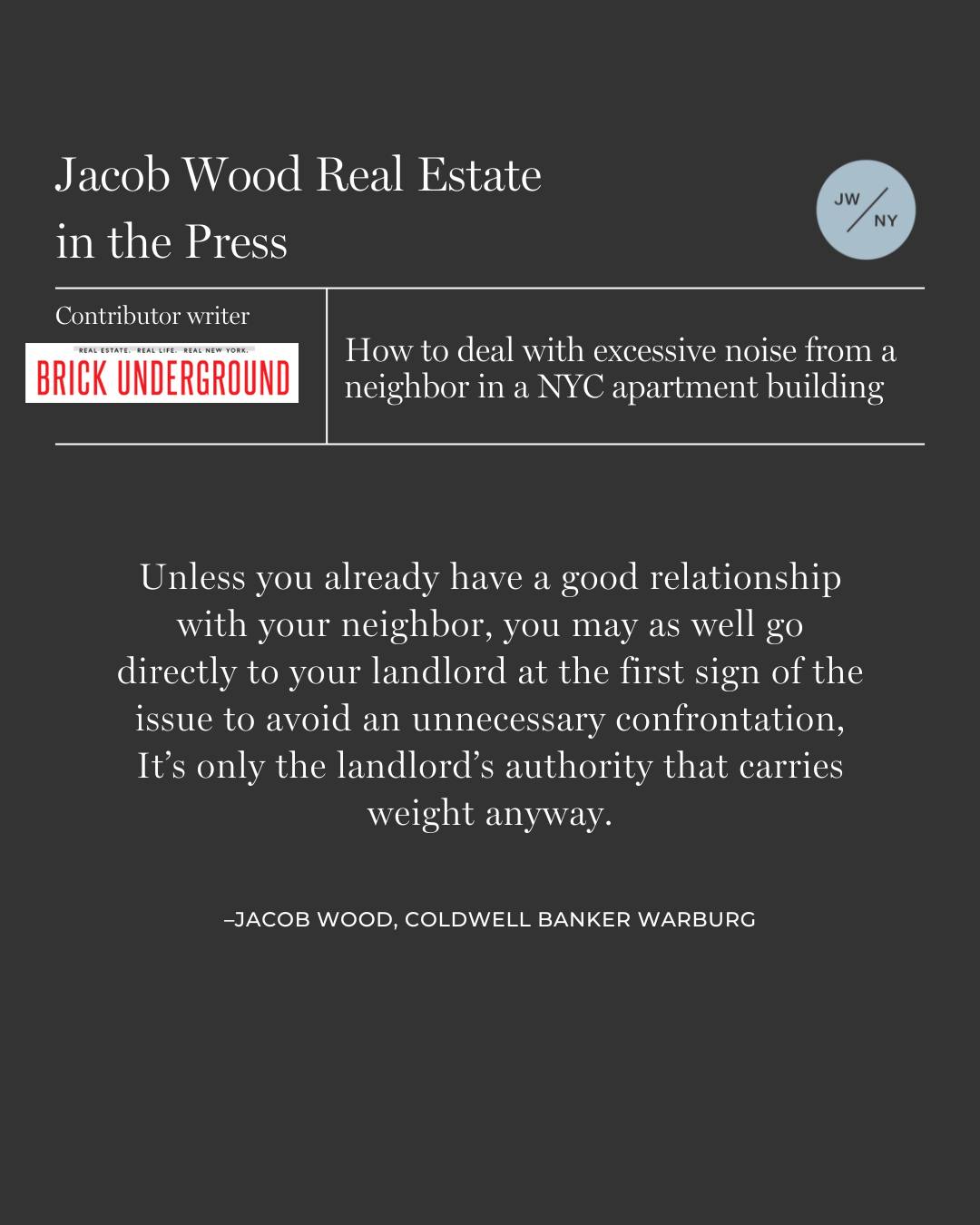 📰 In the Press: Brick Underground
Sharing insights on navigating one of NYC’s most common apartment challenges—noise from neighbors.
Grateful for the feature and the chance to provide practical advice for city living.
#jacobwoodre #nycrealestate #brickunderground #inthepress