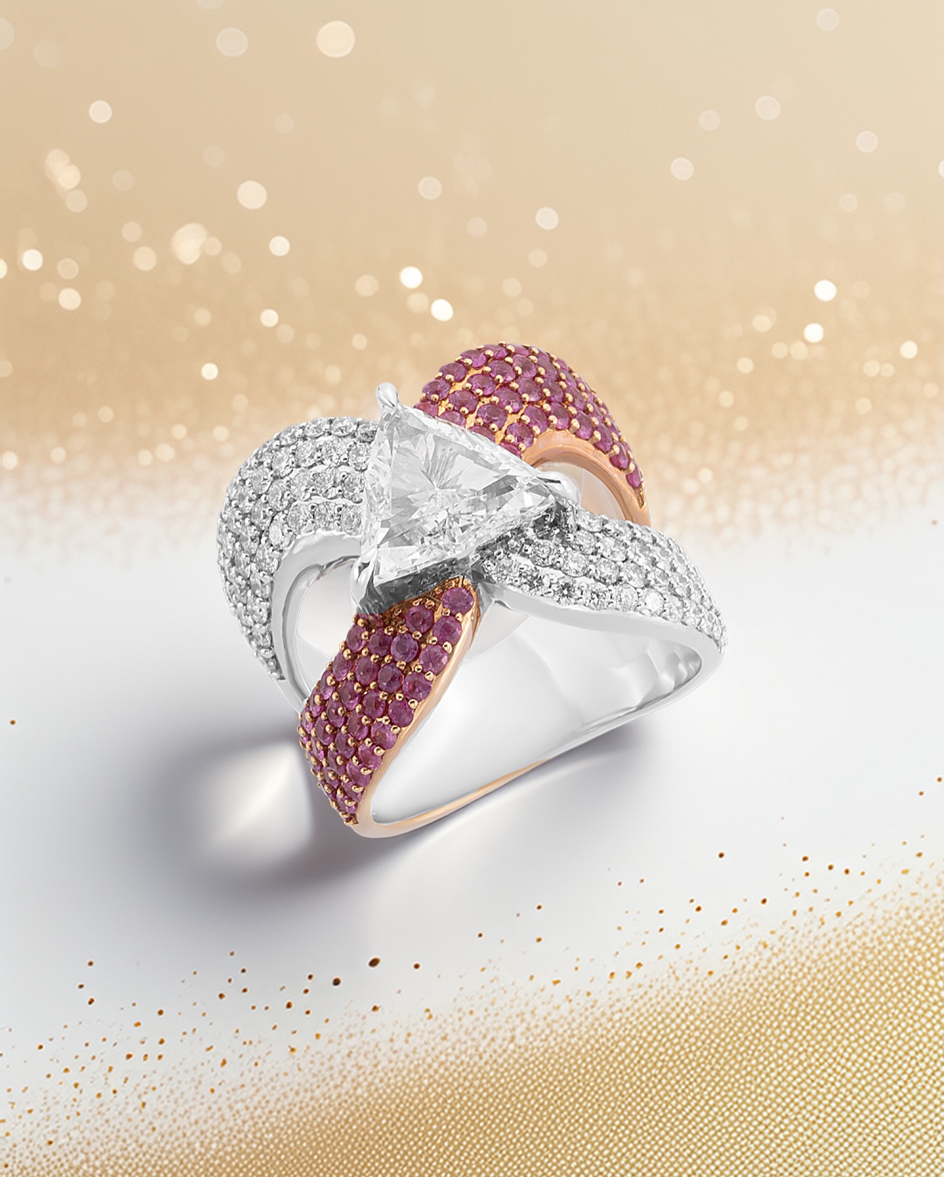 A rare 1.82 ct GIA-certified triangle-cut diamond, embraced by vibrant pink sapphires and pavé-set white diamonds, an avant-garde expression in fine jewellery.
#DilaExclusive #HighJewellery #TriangleCutDiamond #PinkSapphire #GIAcertified #RareGemstones #LuxuryDesign #StatementRing #JewelleryCollector #FineJewels