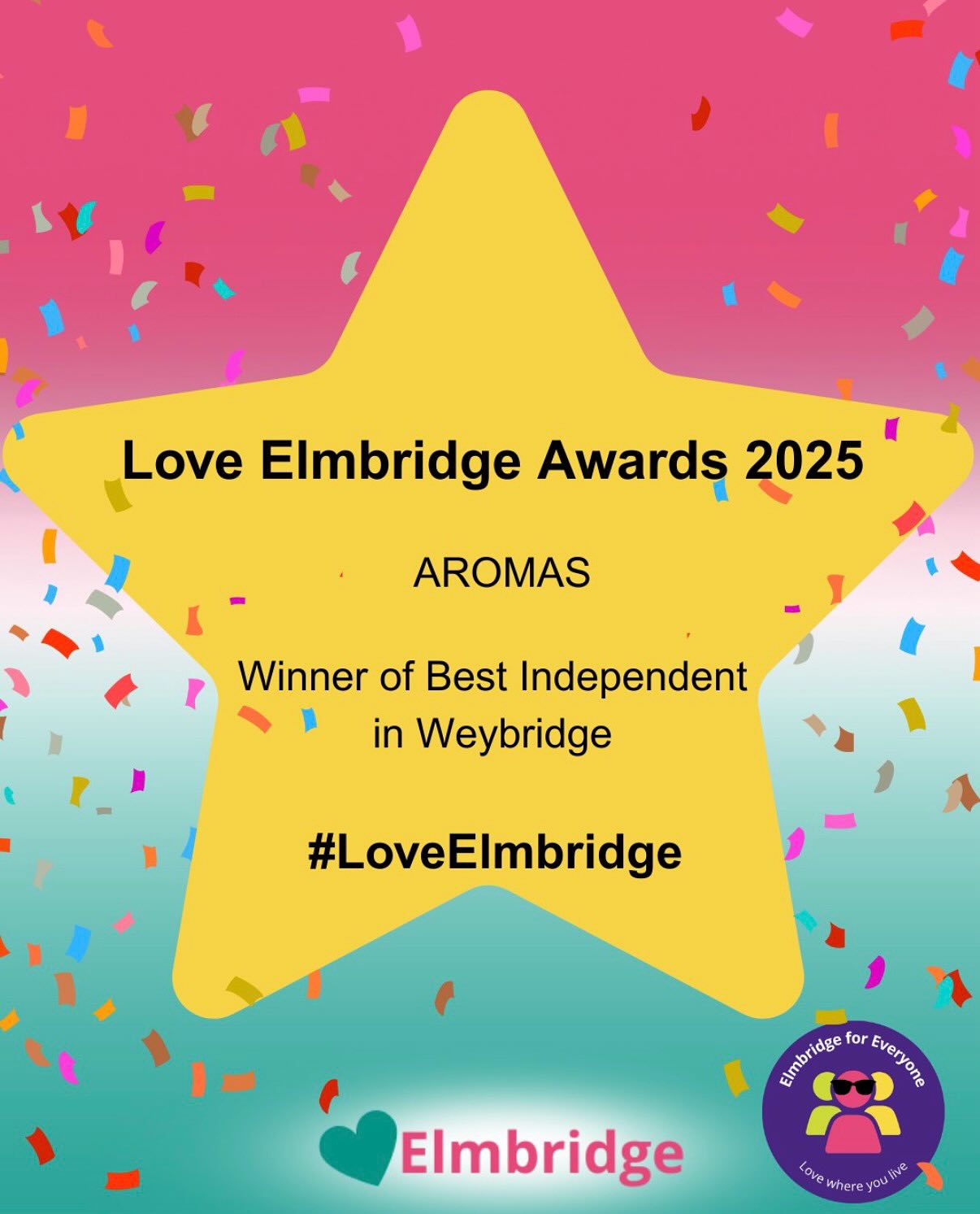 We’re truly honoured to be named Best Weybridge Independent 2025 💛✨
A huge thank you to our wonderful community for your kind words, trust, and support over the past 9 years. From the pandemic days to today, you’ve been the heart of Aromas, and we couldn’t do what we love without you.
Congratulations to all the other amazing winners – here’s to keeping Weybridge thriving together! 🥂
— The Aromas Team ☕🍰