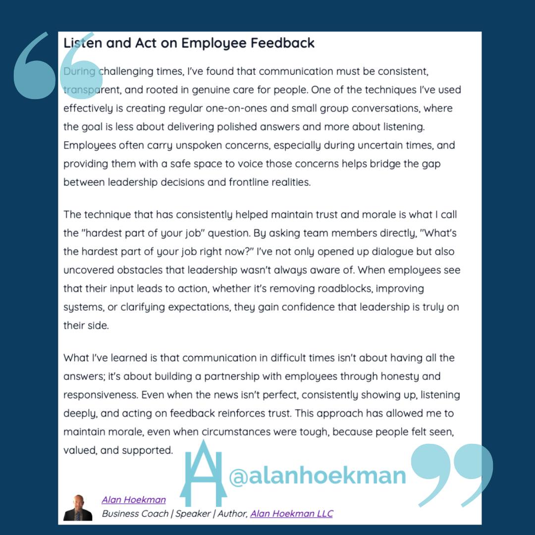 I was highlighted in a PRThives article discussing communication strategies. My viewpoint emphasizes the importance of listening to employee feedback and taking action based on it. In challenging times, effective communication isn't about having all the solutions; it's about fostering a collaborative relationship with your team through transparency and responsiveness.
https://prthrive.com/qa/16-communication-techniques-that-maintain-trust-and-morale-during-challenging-times/
#PRThrive
#Featured
#Motivation
#Grit
#Quotes
#Speaker
#BusinessCoach
#Positive
#Leadership
#Inspiration
#DreamBig
#Success
#Mindset
#Goals
#Hardwork
#Nevergiveup