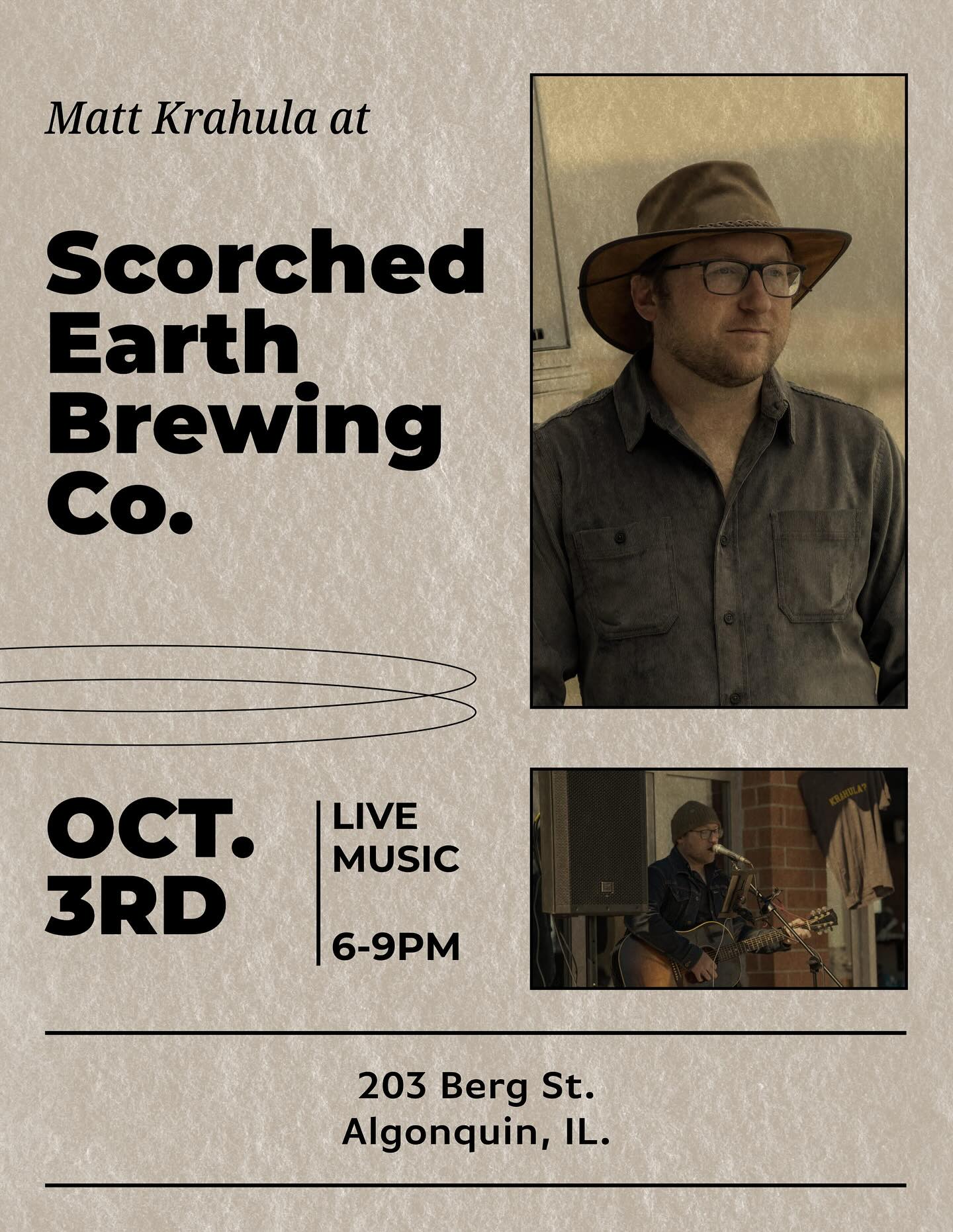 Looking forward to returning to Scorched Earth Friday (10/3) night from 6-9pm!!
#singersongwriter #craftbeerlife #altfolk #livemusic #folkrock #songwriter #giglife #scorchedearth #supportlocal