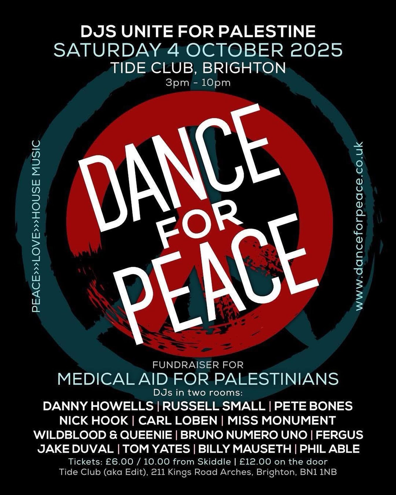 What a beautiful morning.
Grateful for the gift of life this day 🙏🏼💙
Off to my first gig of the day, in Brighton.
If you’re about, this afternoon, come say hi and be part of something worthwhile:
🎶 DANCE FOR PEACE – Brighton
📍 Tide Club 14:00-21:00
🕒 My set: 14:00 – 15:15pm
An incredible charity fundraiser in support of Medical Aid for Palestinians. Expect love, energy, and unity on the dancefloor. 💚
The awesome DJ line-up features: DANNY HOWELLS, RUSSELL SMALL, PETE BONES, WILDBLOOD & QUEENIE, NICK HOOK, CARL LOBEN, MISS MONUMENT, BRUNO NUMERO UNO, JOEY HERTZ, FERGUS, TOM YATES, BILLY MAUSETH and PHIL ABLE.
This is a daytime party, starting at 2pm and finishing at 9pm. I’m honoured to be starting the proceedings, in the main room.
Tickets: https://www.skiddle.com/whats-on/Brighton/TIDE-Club/Dance-For-Peace/41318885/