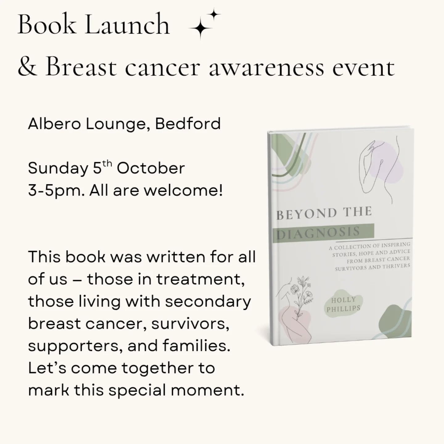 ✨ Cheeky reminder! ✨
I’d love for you to join me in celebrating the release of my book! 💕
Whether you’d like to come celebrate, grab a copy of the book, or simply pick up some breast cancer awareness material, the space is open to absolutely everyone — and I really do mean everyone, even if we’ve never met before.
It’s a super casual drop-in event, so no pressure to stay the whole time — just swing by whenever you can. Can’t wait to see you there! 💖
You'll find us upstairs in Albero Lounge Bedford 3-5pm