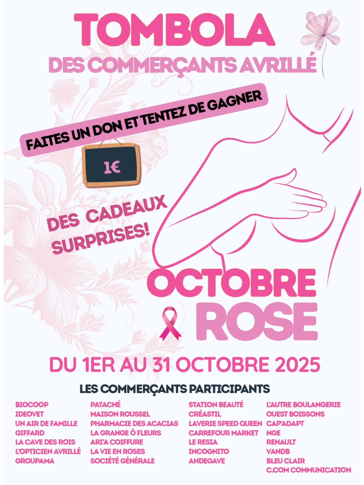 🎀OCTOBRE ROSE 2025 🎀
Cette année encore, nous participons à l’opération solidaire aux côtés des commerçants d’Avrillé 💗
👉 Toute la durée d’Octobre, découvrez notre cocktail spécial :
un Gin Tonic à la rose
À chaque commande, 1€ sera reversé à l’ICO – Institut de Cancérologie de l’Ouest 💕
🍸 Un geste gourmand et solidaire pour soutenir la recherche et la lutte contre le cancer du sein.
De plus, les commerçants d'Avrillé organisent une grande tombola avec de nombreux lots à gagner chez ces derniers.
Merci à vous pour votre soutien 🙏 Ensemble, faisons reculer la maladie ✨
#OctobreRose #Avrillé #Solidarité #CocktailRose #ICOLutteContreLeCancer