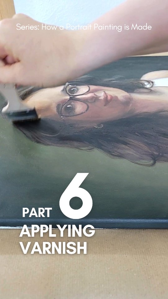Series: How a Portrait Painting is Made 🎨
Part 6: Adding Protective Varnish
Once a painting is fully dry — which can take anywhere from 2 to 5 or even more weeks, depending on the colours and thickness of paint (e.g. reds and whites take forever to dry) — it’s ready for its final touch: varnish.
A thin layer of protective varnish not only safeguards the surface for years to come, but also makes the colours glow as if they were freshly applied.
Stay tuned for Part 7 – Choosing a Frame.
#portraitpainting #oilpainting #artprocess #realism #classicalart #timelessart