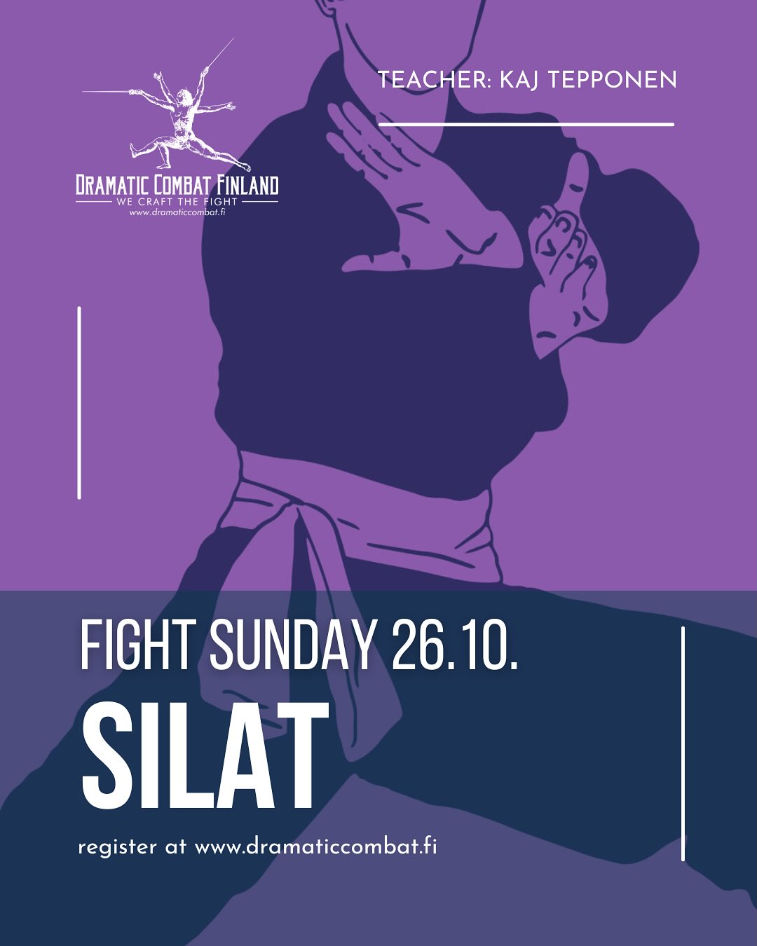 This time, we delve into Silat with Kaj Tepponen — a workshop exploring the dynamic and fluid martial art of Silat, rooted in Southeast Asian traditions.
Join us for this session full of disciplined movement and exciting physical challenges!
Fight Sundays are open level workshops dedicated to various themes related to the art of stage and screen fight. Every Fight Sunday offers a great opportunity to introduce yourself to the field, learn new skills, or practice the techniques you are already familiar with.
More info and registration on our website! Link in bio.
#fightsunday #dramaticcombatfinland #silat #stagecombat