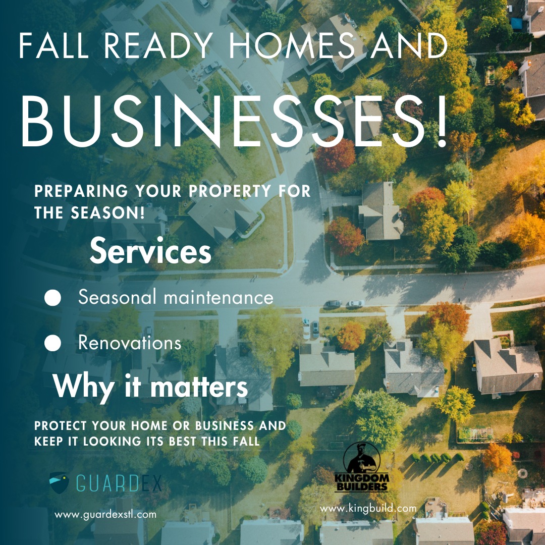 Autumn is here, and it's the perfect time to refresh and protect your property! GuardEx and Kingdom Builders are ready to help your home or business stay safe, functional, and looking its best this season. Contact us today to schedule your seasonal check-up! 🍂 #GuardEx #KingdomBuilders #MaintenanceAndRenovations