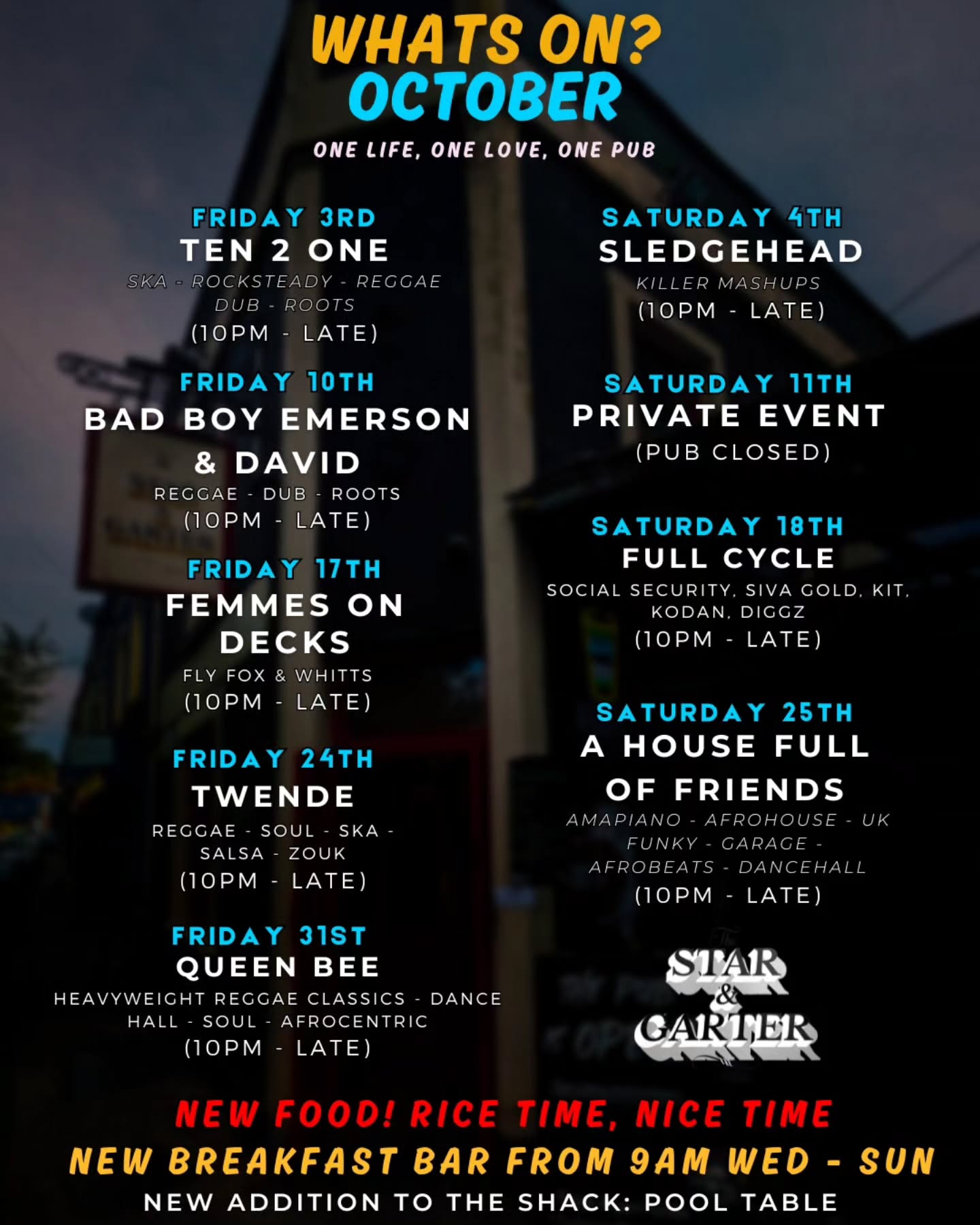 Get involved for a tasty variety of DJs, Delicious Food, and the Best Vibes!
Stay Posted for whats going on in the house each month with our Whats On listings!
We offer a delicious range of lagers, IPAs & Rums 🍺
Which night will we see you at? 😉
Opening Times! ⏰
⭐️ Monday:Pub Closed
⭐️ Tuesday: 5PM - 12AM
⭐️ Wednesday: 5PM - 12AM
⭐️ Thursday: 5PM - 1AM
⭐️ Friday: 5PM - LATE
⭐️ Saturday: 2PM - LATE
⭐️ Sunday: 2PM - 12AM
#bristolpubs
#bristol
#starandgarterbristol
#bestofbristol
#bristol247