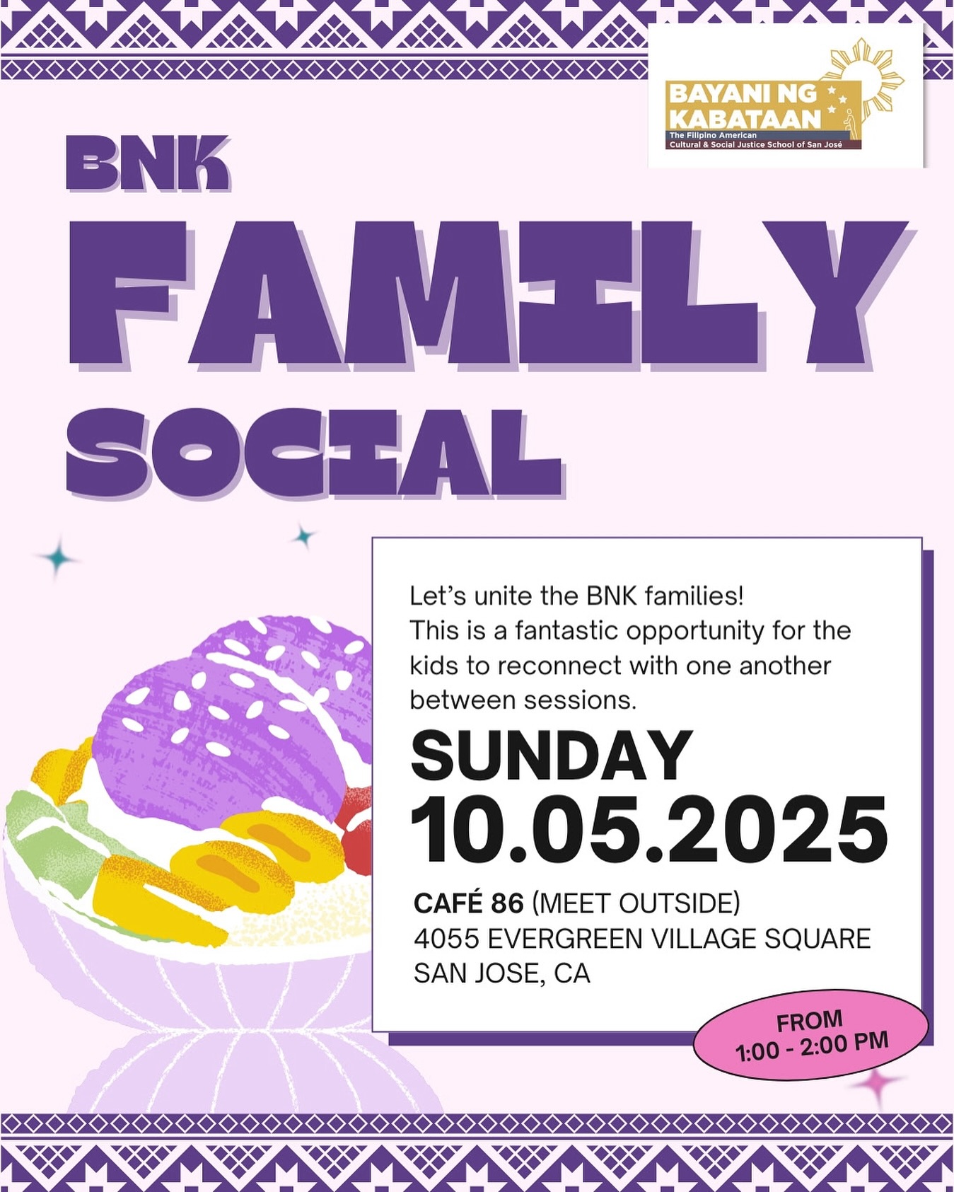 Come join our BNK Family Social this Sunday, October 5, 2025, from 1:00-2:00pm at @cafe_86 in San Jose!
All our welcome! This is a great opportunity for us to kick off Filipino American History Month together, mingle, and catch up after our summer program!
Fellow BNK parent and local artist @paperpicturemama will be doing a pop-up in front of the cafe. Her artwork supports Filipino youth programs in the Bay Area.
Grab a snack, bring a picnic blanket, and come hang out with us. See you there!
#bnkfilamschoolsj #filipinoamerican #filamchildren #filamschool #bayaningkabataan #childrenheroes #filameducation #k-8filamschool #elementaryagechildren #culturalschool #summerprogram #filipinoschool #knowhistoryknowself #nohistorynoself #payitforward #nextgenerationfilams #filamyouth #proudfilipinx