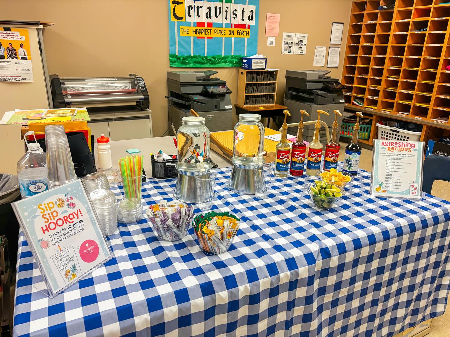 Sip Sip Hooray!
For enrichment day, PTA treated our amazing teachers and staff to a refreshing water bar! Staff enjoyed mixing up their own flavored waters with fun recipe ideas and tasty add-ins. Just a small way to say THANK YOU for all you do for our students and school community!