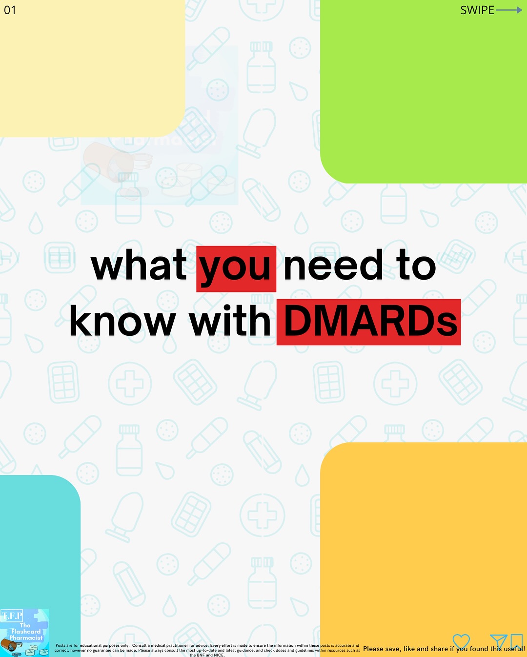 What you need to know with DMARDs!
Here is an overview for a few commonly prescribed DMARDs. Perhaps the most monitored group of medications in primary care.
Patient counselling is important to ensure awareness is created for serious adverse reactions
#pharmacy #pharmacist #foundationpharmacist #pharmacytraining #clinicalpharmacy #reels #explorepage #pharmacyschool #mpharm #pharmd #pharmacology #pharmacologyrevision #foundationdoctor #GPregistrar #GPTraining #pharmacologyschool #revisepharmacology #preregistration #foundationtraining #nursetraining #nursestudent #pharmacystudent #medicinestudent #pharmacyquiz
#futurepharmacist #studentpharmacist #meded