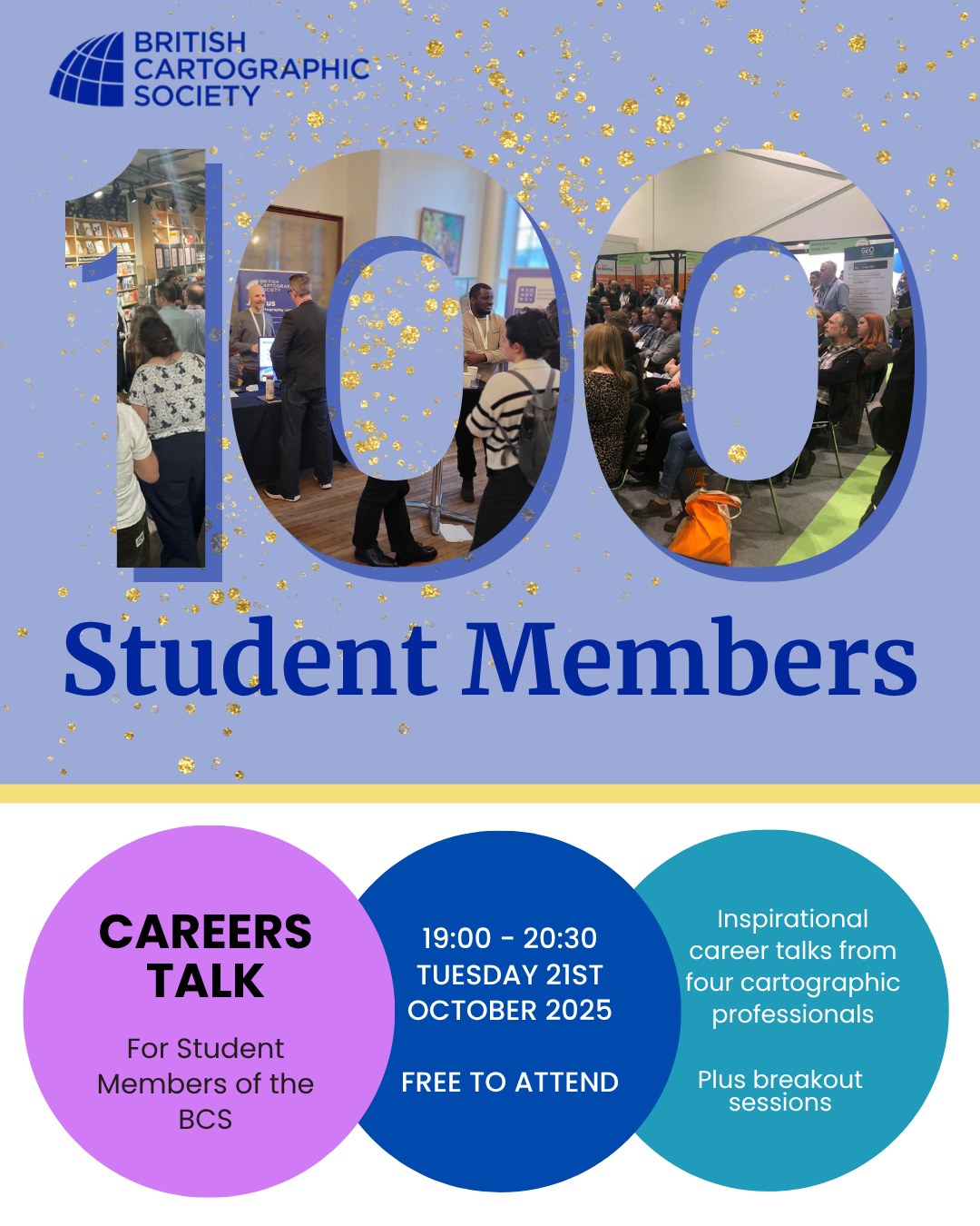 🎉We're delighted to have reached 100 Student Members of the BCS! 💯
Don't forget, we've got our Careers Talk for Student Members coming up on the 21st October. It's not too late to sign up for the event (check your inbox once you've signed up!), or even join as a Student Member for free! https://www.cartography.org.uk/join-us