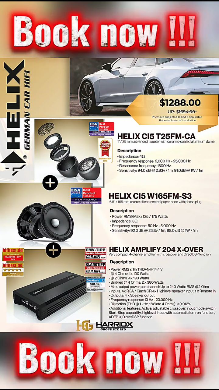 🔥 HELIX i5 Hi-Fi Promo: Ultimate Power & Clarity – Now $1,288* with installation
The System Includes:
– 1 Set of HELIX Ci5 Tweeters
– 1 Set of HELIX Ci5 Mid-Woofers
– 1 HELIX AMPLIFY 204 X OVER, 4-Channel Amp (4 x 100W RMS @ 4 ohm )
⚡️ Limited Stock! DM us to secure your installation slot.
*Price subjects to gst
#dimensionaudio
#harrioxgroup
#audiotecfisher
#mgs5ev
@harrioxgroup
@audiotecfischer