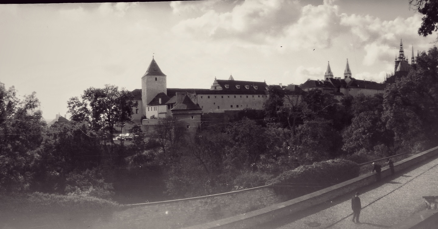 Just a few quick and dirty iPhone scans of the negatives I was able to develop today @fotoskodacz Fabulous facility and generous host Lubos - thank you! All images taken in the 1900s Kodak Panoram - same type as used by the #poetofprague #josefsudek whose work has been a tutor to using the camera to make the kind of panoramic images that capture me. More and better to come when I can scan these properly! #visitprague #charlesbridge #praguecastle Each negative is 30 cm long and the image is formed by the projection of light onto the curved film as the lens swings through 120 degrees.