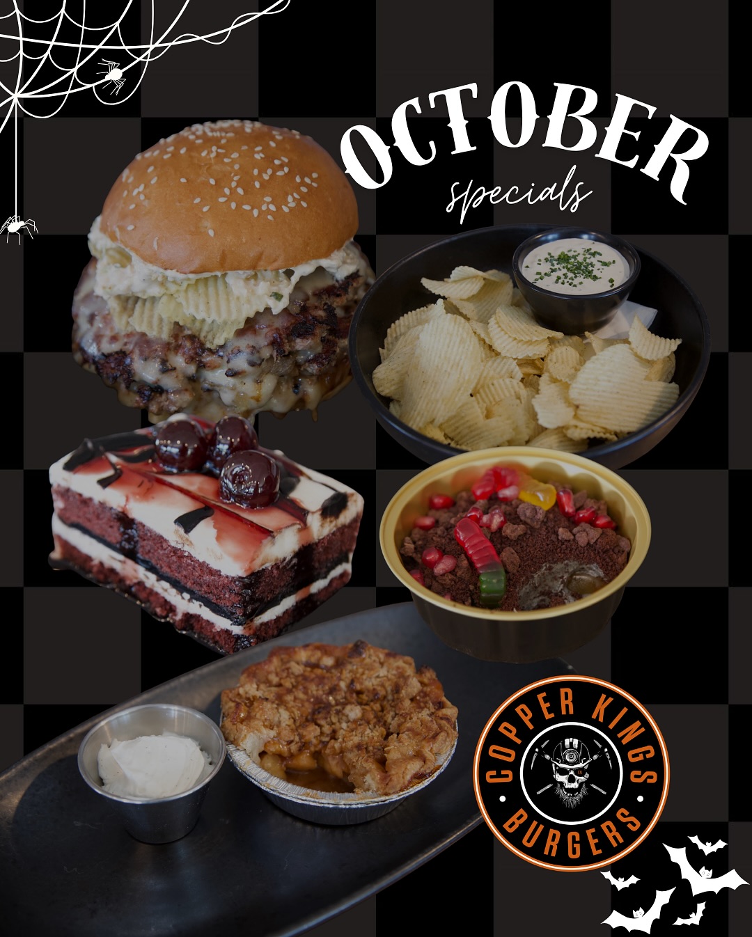 Sink your teeth into our October specials… if you dare 🎃💀🦇🩸👻
✨ It's SPOOKY SZN at Copper Kings ✨
Our October specials are hauntingly good — creepy, cozy, and full of fall flavor. 🎃👻🍂
🍔 Cry-Baby Burger
Inspired by all things French Onion! 6 oz of house beef blend smashed Oklahoma-styled with paperthin onions and melted Gruyère, beer-braised onions smothered with more Gruyère, house made French onion dip, and Salt & Vinegar Kettle Chips served on a homemade Japanese milk bun.
🥔 Chips & Dip
House made French onion dip served with Ruffles potato chips.
🍰 The Evil Dead Velvet Cake
Red velvet cake layers filled with cream cheese frosting and black chocolate ganache. Served with candied cherries.
🥧 The Hills Have Pies
Crumble-topped caramel apple pie served warm with mezcal-infused caramel and whipped cream.
🍫 Creature From The Black Mousse Lagoon
Black sesame mousse topped with chocolate cookie crumbles, candied cacao nibs, pomegranate arils, and gummy worms.
Which one will you dare to try first? 👇
📍Copper Kings Burgers — San Marcos, CA
.
.
.
.
.
.
.
#CopperKingsBurgers #BestBurgers #GourmetBurgers #JuicyBurgers #BurgerLovers #FoodieFinds #BurgerHeaven #HandcraftedBurgers #FoodiesOfInstagram #BurgerTime #GrillMasters #CheesyGoodness #TastyBurgers #BurgerAddict #EatLocal #Foodstagram #BurgerPerfection #MouthwateringEats #SmashBurgers #SanDiego #SandiegoEats #SDMagazine #bestof2025 #bestofsandiego #dontstopmenow #bestburger #bestrestaurant #october #spookyszn