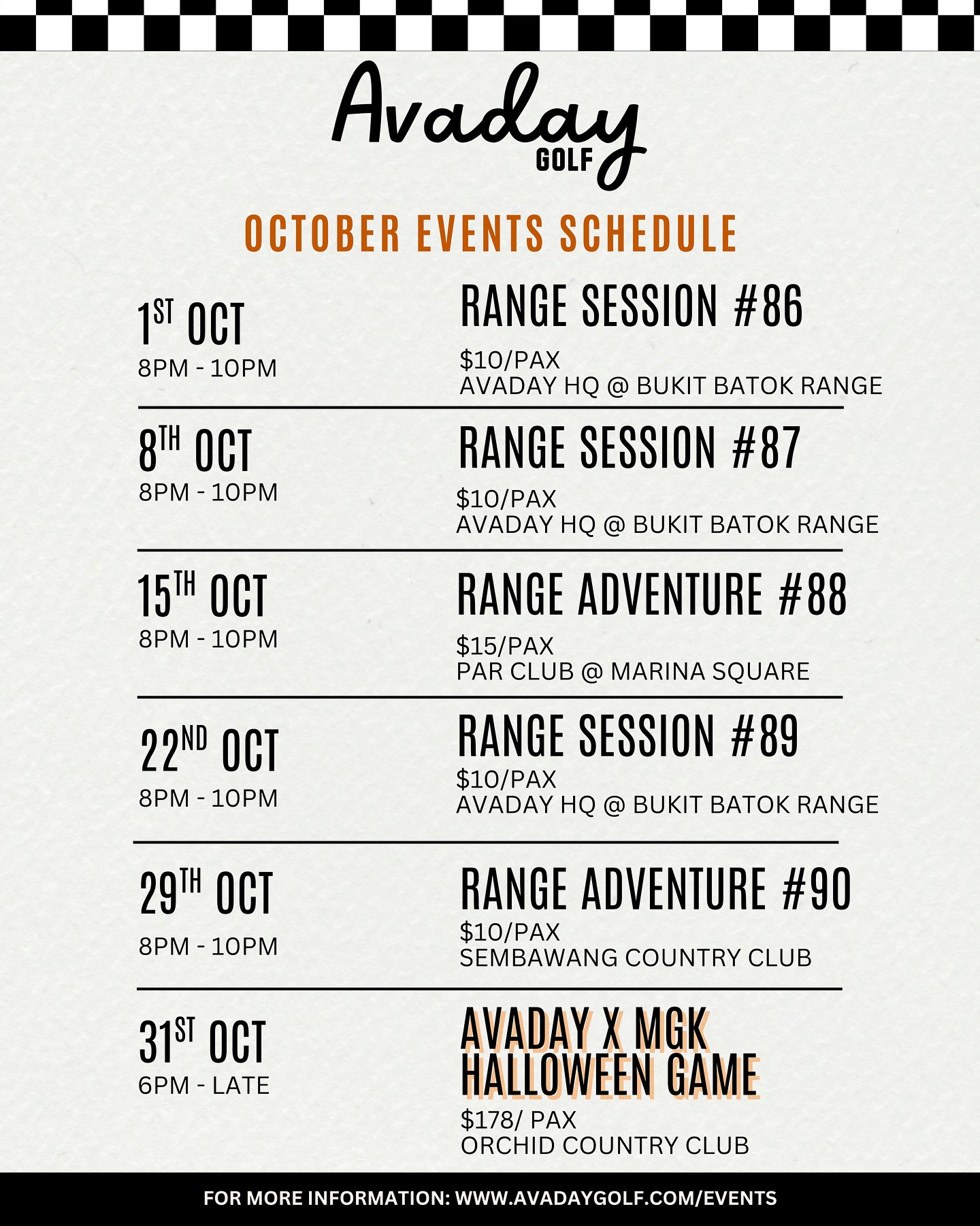 Check out our Events packed OCTOBER!!! Join us for weekly range sessions and our big Halloween Game at the end of the Month! 🎃
Not to fret if you’re new to Golf because we’ve got 2 Masterclasses happening this month! Beginners’ Masterclass is perfect for first timers and Wedge Masterclass is suitable for those looking to nail their short game!
Sign up via our Events page (link in Bio)
SEE YOU! 💚