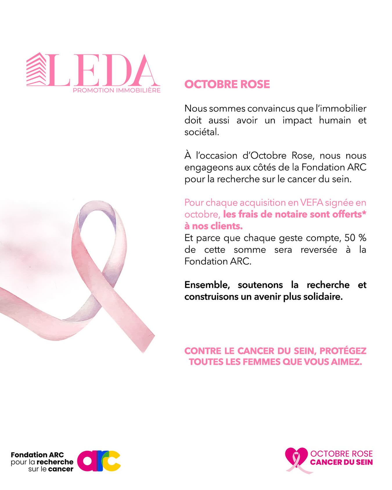 Octobre rose 🎀
Nous sommes convaincus que l’immobilier doit aussi avoir un impact humain et sociétal.
🌸À l’occasion d’Octobre Rose, nous nous engageons aux côtés de la Fondation ARC pour la recherche sur le cancer du sein.
Pour chaque acquisition en VEFA signée en octobre, les frais de notaire sont offerts* à nos clients.
Et parce que chaque geste compte, 50 % de cette somme sera reversée à la Fondation ARC.
💞Ensemble, soutenons la recherche et construisons un avenir plus solidaire.
Contre le cancer du sein, protégez toutes les femmes que vous aimez.
#octobrerose #cancerdusein #pinkoctober #cancer #rubanrose #breastcancer #rose #pink #octobre #breastcancerawareness #october #femme #depistage #luttecontrelecancerdusein #pinkribbon #love #sein #prevention #luttecontrelecancer #france #association #soutien #liguecontrelecancer #paris #forceetcourage #gether #fightingk #solidarit #flightattendant #breastcancerawarenessmonth