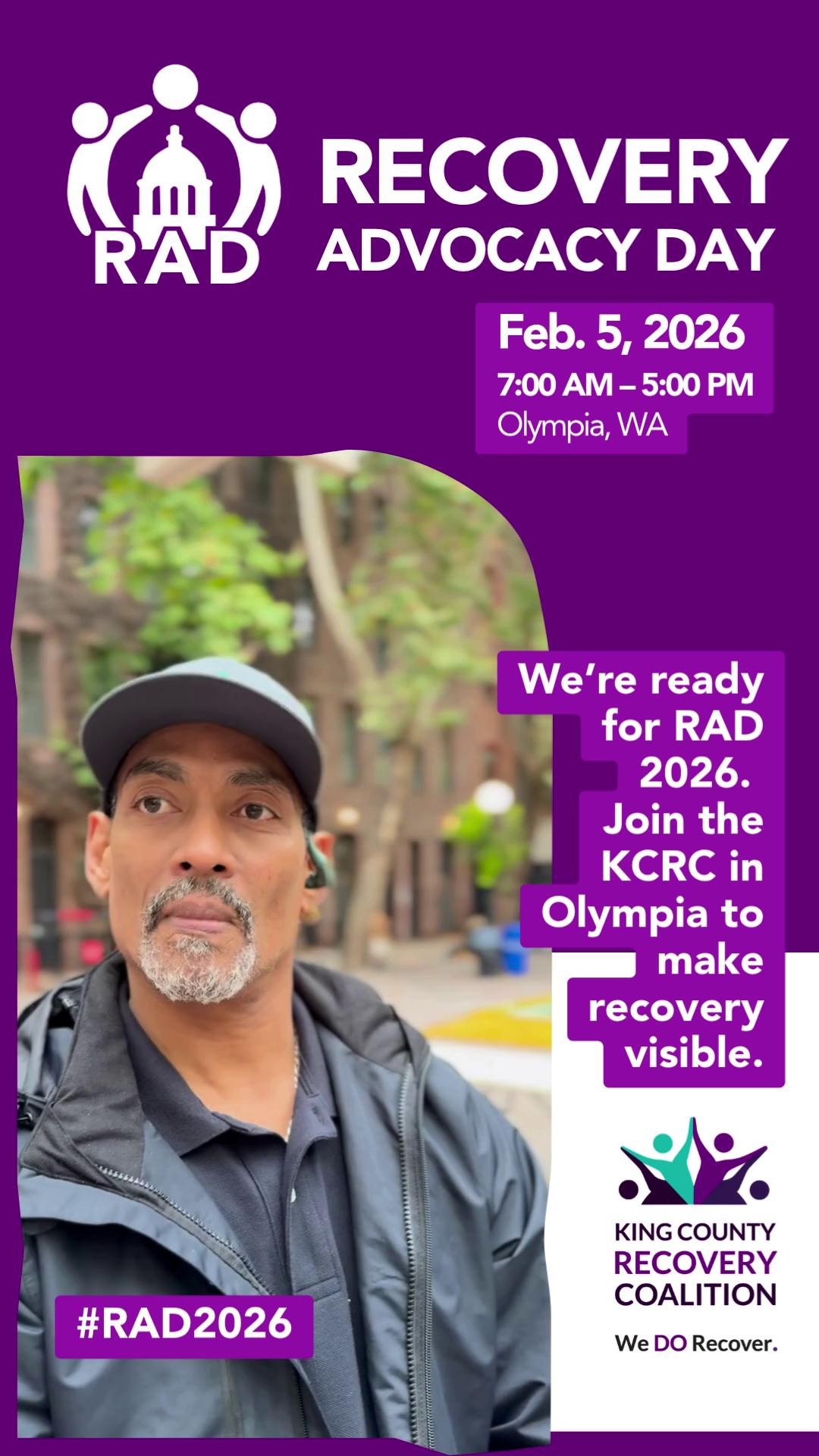 Registration is Open: Recovery Advocacy Day 2026
Join us at the Washington State Capitol on Thursday, February 5, 2026 for Recovery Advocacy Day (RAD). Hundreds of people in recovery, allies, and supporters will gather to share their stories, meet with lawmakers, and advocate for policies that strengthen recovery.
Registration is free and required, and includes a mandatory pre-event Zoom session called RIZZ on Saturday, January 24.
Sign up today: give.classy.org/RAD2026