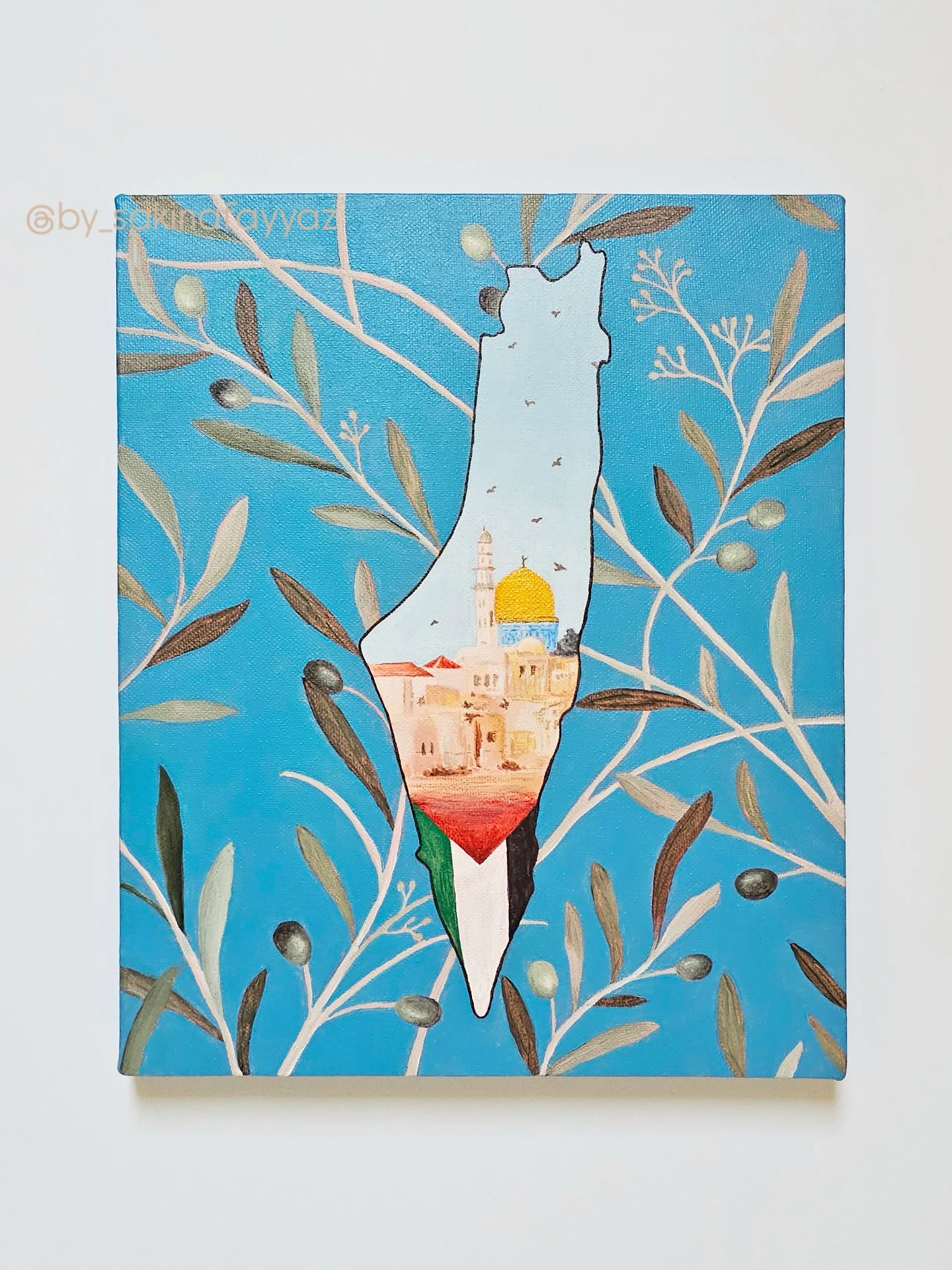 "Salam" means peace- a greeting and a prayer. This painting is my way of honouring the land of Palestine and its people. I brought together symbols of Palestinian identity and resilience —olive branches, the flag, and Al Aqsa —into one piece. For me, this work is not just an artwork, but a gesture of respect and gratitude for Palestine and its enduring strength.
✨ A meaningful artwork for collectors who want to own a piece of art that symbolizes hope, resilience, and solidarity with Palestine.
20% of profits from the sale of this painting will be donated to @qcharity to support the people of Gaza.
🙌🏼 DM to shop.
.
.
.
.
.
.
#palestineart #artforpalestine #olivebranchart #middleeasternart #arabicart #palestinianheritage #artcollectors #artwithmeaning #artforacause #emotionalart #artthatspeaks #paintingprocess #acrylicpainting #artisticexpression
#standwithpalestine #artforchange
