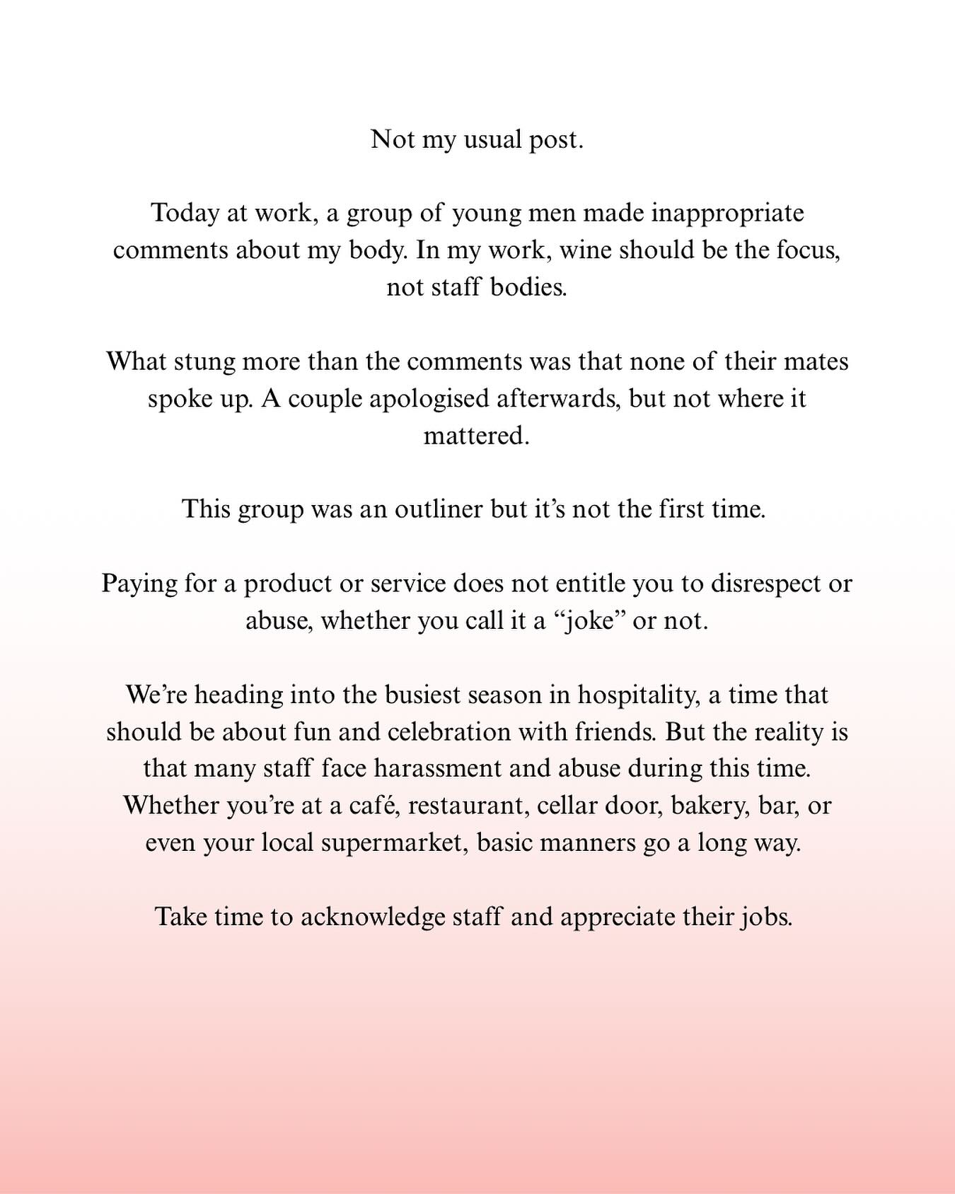 Not my usual post.
I’m making this post to call out this behaviour and to remind people that this coming season is not always the nicest for hospitality workers.
I also want to thank the workplaces that support me and their staff, having bosses who stand behind you makes these moments easier to handle.
Most of my followers are industry friends, but I believe this post is valid.