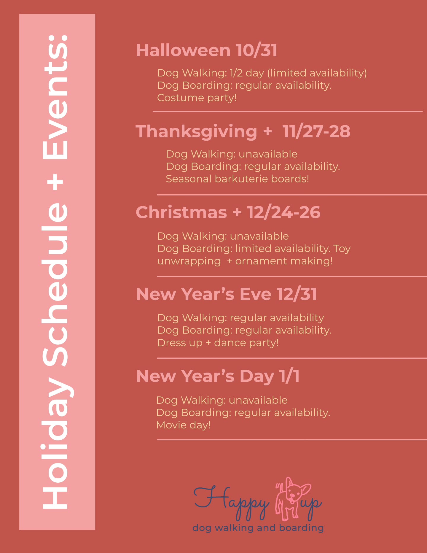 Anyone else feel like the "Holidays" are zooming up on us at record speed?!
We have some super fun holiday events scheduled this year so your pup doesn't have to miss out on any festive fun! All events are included with boarding stays. π
These dates are filling up fast! A 50% deposit is required to hold any bookings. π
Looking forward to a very happy holiday season! πΎπ©·
#happypup #happypupdogboarding #happypupdogwalking #dogsofgardinerny #dogsofnewpaltzny #dogsofbeaconny