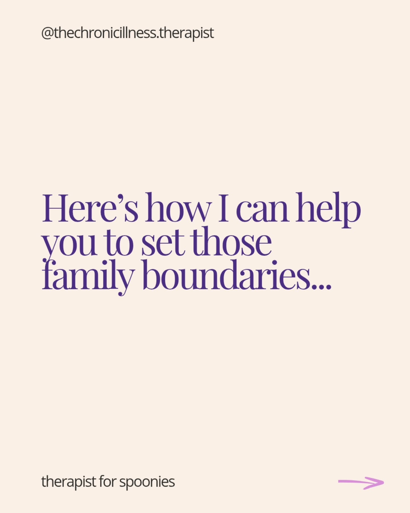 If you're struggling to set boundaries with your family even though you know you need to, this is for you 🌿
In therapy, we work on getting clear about what you need and building the confidence to communicate it without drowning in guilt or the fear of being "too much."
Because you shouldn’t have to choose between keeping the peace and protecting your own needs 💜
I currently have a waitlist for new clients. My DMs are open if you'd like to chat about how we could work together.
#chronicillness #spooniesupport #boundaries #therapy #relationships