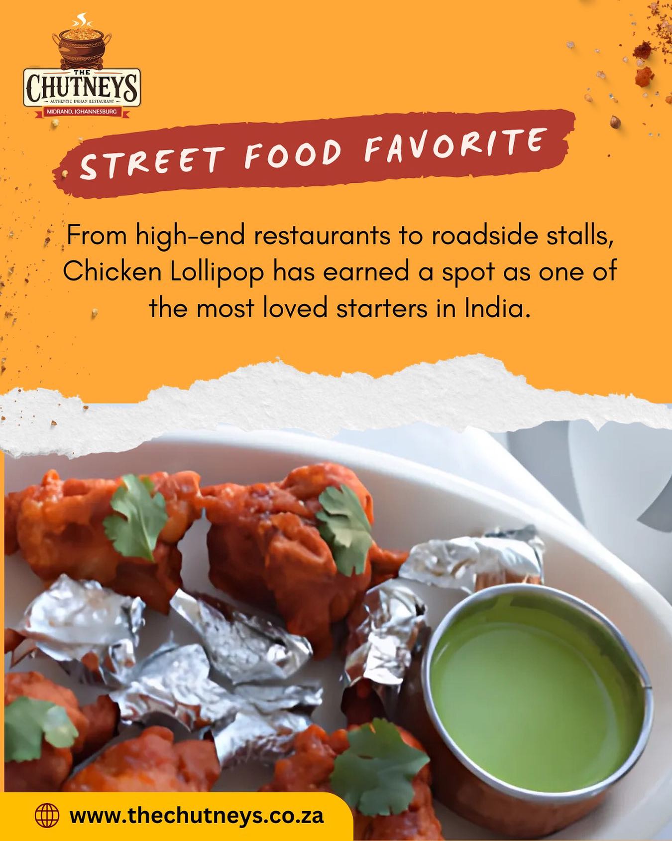 India’s All-Time Favorite Starter!
From bustling roadside stalls to fine-dining restaurants, Chicken Lollipop has won hearts everywhere. Crispy, juicy, and full of flavor – enjoy this ultimate crowd-pleaser appetizer now at The Chutneys, Midrand.
https://www.thechutneys.co.za/
#TheChutneys #AuthenticIndianCuisine #TasteOfIndia #FoodLoversParadise #IndianFoodie #FoodiesOfJohannesburg #MidrandEats #Chickenlollipop