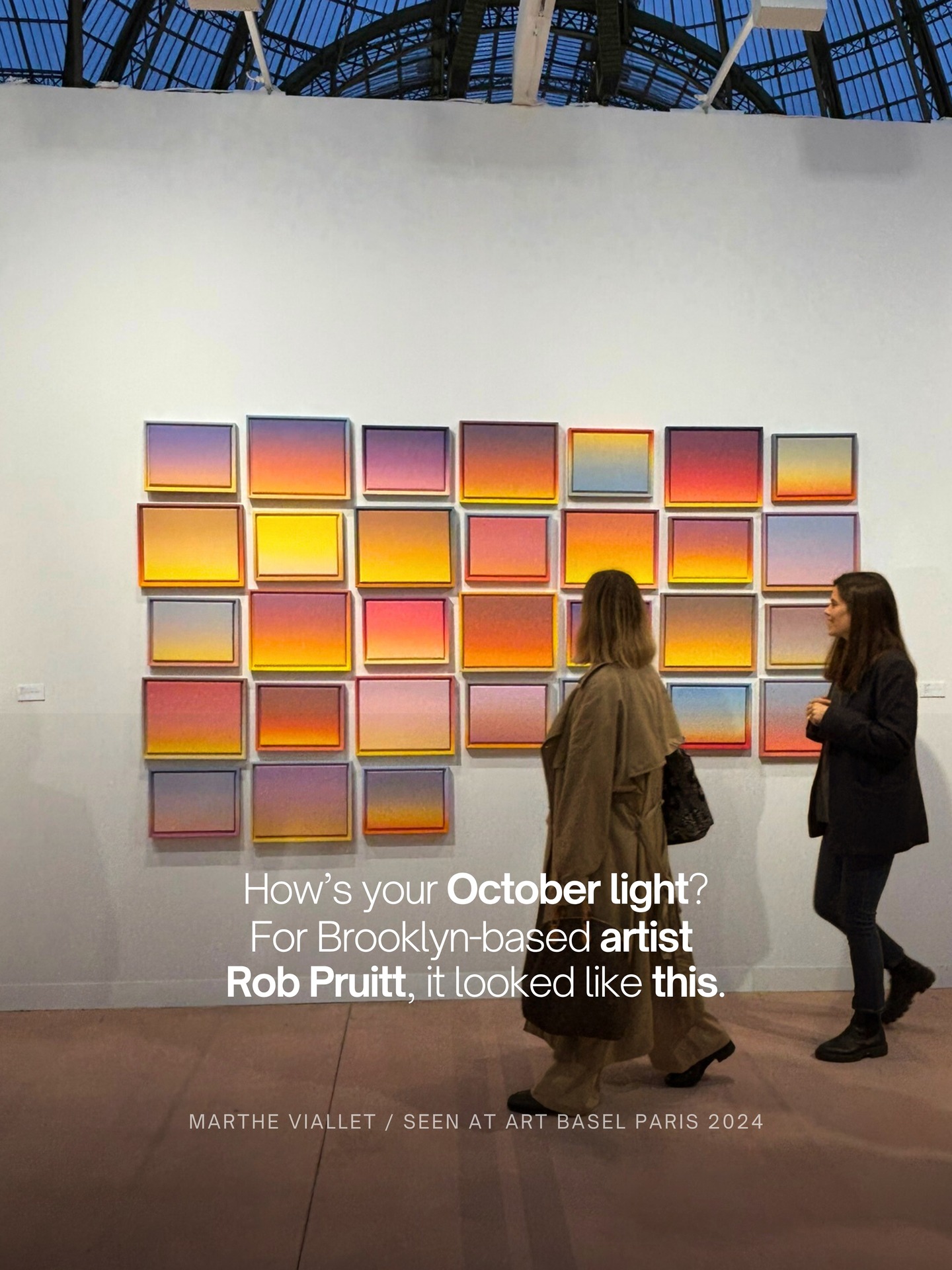 31 sunsets, 31 paintings.
@robpruitt5000 turns time into chromatic data.
🟡🟠🟣
The Brooklyn-based artist painted one sunset a day throughout October.
⚫ In A Month of Sunsets (October 2023), thirty-one canvases align like a calendar of light — each gradient becoming the visual fingerprint of a single day.
What I love about this work is its data-visual approach to everyday life: comparing, observing, aligning nuances.
⚫ That’s the true power of data visualization — to compare in order to understand.
And when those comparisons become painting, we step into the realm of sensitive data art.
⚫ Who will be at Art Basel Paris 2025? Let’s go see some art!
📍 Rob Pruitt, A Month of Sunsets (October 2023), acrylic on canvas in a painted artist frame, 165 × 287 cm overall.
🖼️ Represented by @303gallery (New York).
📷 Photographed at @artbasel Paris – @le_grand_palais, 2024.
#DataArt #ArtBasel #RobPruitt #DataVisualization #ChromaticData #ArtAndScience #wakeupdataviz #OctoberArt