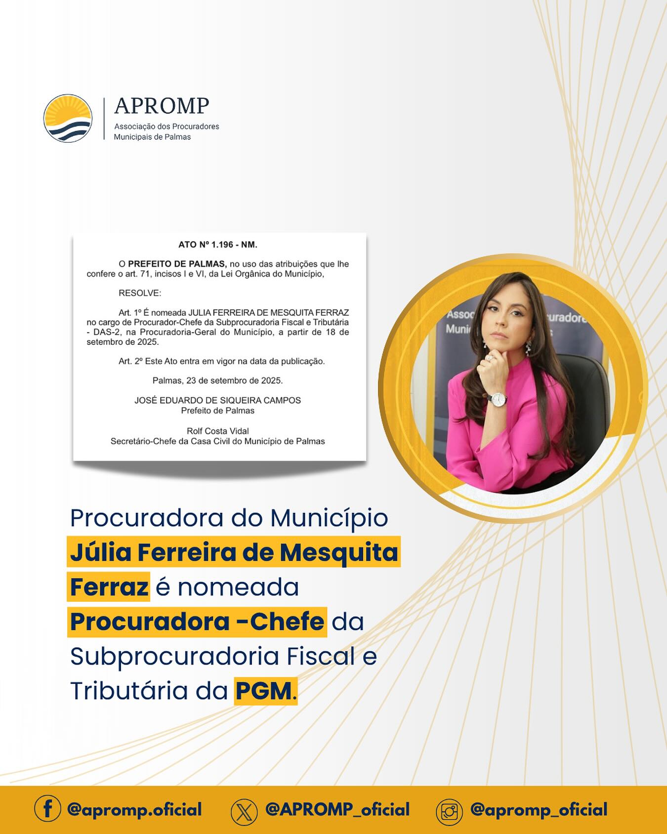 A APROMP parabeniza a colega Júlia Ferreira de Mesquita Ferraz pela nomeação ao cargo de Procuradora Chefe da Subprocuradoria Fiscal e Tributária da Procuradoria-Geral do Município de Palmas.
Reconhecemos sua competência, dedicação e compromisso com o serviço público. Desejamos muito sucesso nesta nova etapa de sua carreira!
Que esta conquista seja repleta de realizações e contribuições significativas para nossa cidade.
Parabéns! 👏👏👏
#APROMP #ProcuradoresMunicipais #Palmas #PGM #Reconhecimento
