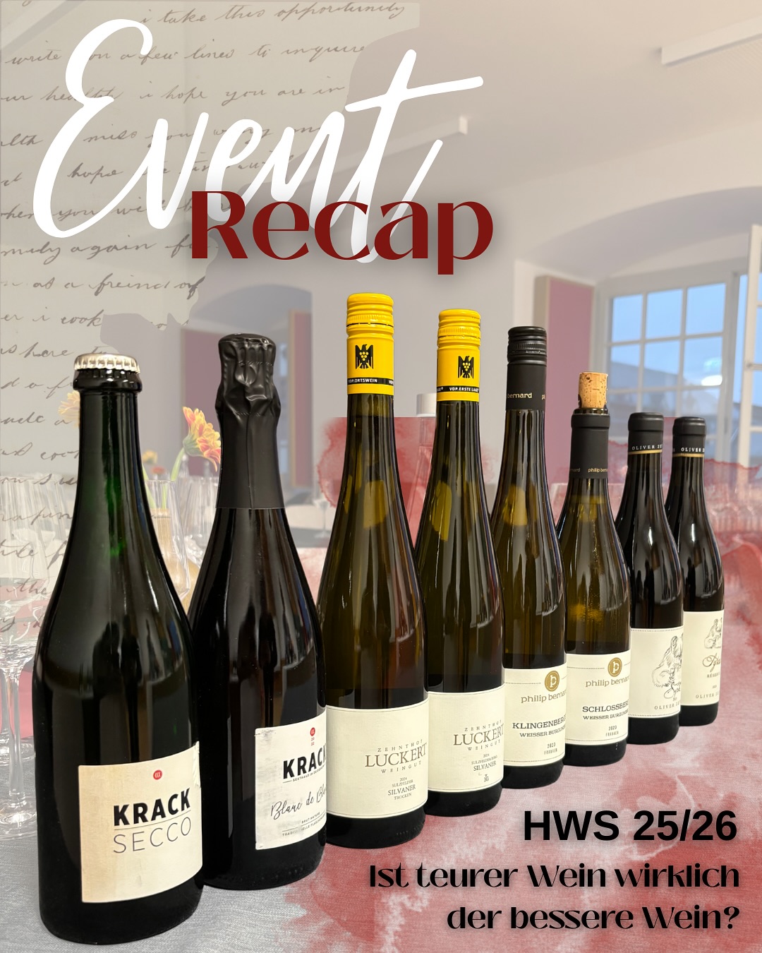 🍇 Letzte Woche am 25.09.2025 fand unser Event unter dem Motto „Ist teurer Wein der bessere Wein?“ statt. In 4 Flights durften wir Weine aus verschiedenen Preisklassen der jeweiligen Weingüter probieren und vergleichen.
🍷Unsere Flights:
Flight 1 @krack_sekthaus
Krack - Secco
Krack - Blanc de Blancs Brut Nature 2022
Flight 2
Zehnthof Luckert - Silvaner Sulzfelder Ortswein 2024
Zehnthof Luckert - Sulzfelder Berg Silvaner Erstes Gewächs 2024
Flight 3
Philip Bernard - Klingenberger Weißer Burgunder 2023
Philip Bernard - Klingenberger Schlossberg Weißer Burgunder 2023
Flight 4 @weingut_oliver_zeter
Oliver Zeter - Syrah 2023
Oliver Zeter - Syrah Réserve 2023
Vielen Dank für die zahlreichen Anwesenden und den super entspannten Abend.
❓Denkst du man kann den Unterschied im Preis herausschmecken? Lass es uns wissen!
🍾Cheers, euer vinUM-Team
————————————
#mannheim #uni #wein #probe #expensive #red #white #wine #students #initiative #weingut #together #tasting #unimannheim #vinUM