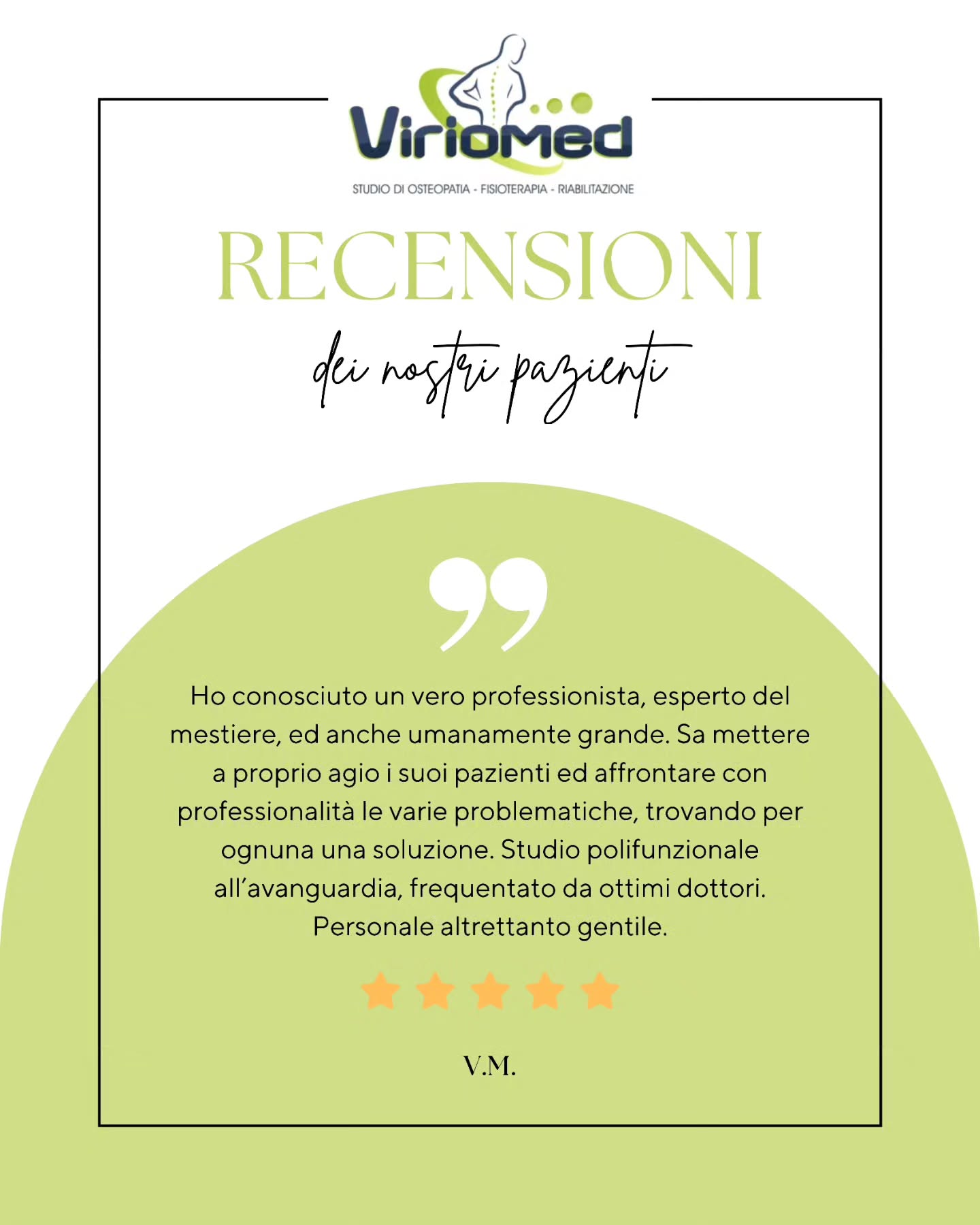Un enorme ringraziamento a V.M. per la splendida recensione su Google! Le tue parole ci riempiono di gioia e ci motivano a fare sempre meglio.
Grati di avere pazienti come te!
Viriomed
📍 Strada comunale per San Gregorio, Loc. Mannella (VV)
📞 3206775566
📧 viriomed@libero.it
🌐 www.viriomed.it
#viriomed #fisioterapia #osteopatia #riabilitazione #posturologia #terapia #tecar #fisiotone #powershape #cryotshock #ondadurto #osteopata #ginnasticaposturale #linfodrenaggio #posturale #dimagrimento #dimagrimentolocalocalizzato #rimodellamentocorpo #tonificazione #vibovalentia #calabria #sangregoriodippona #vibomarina