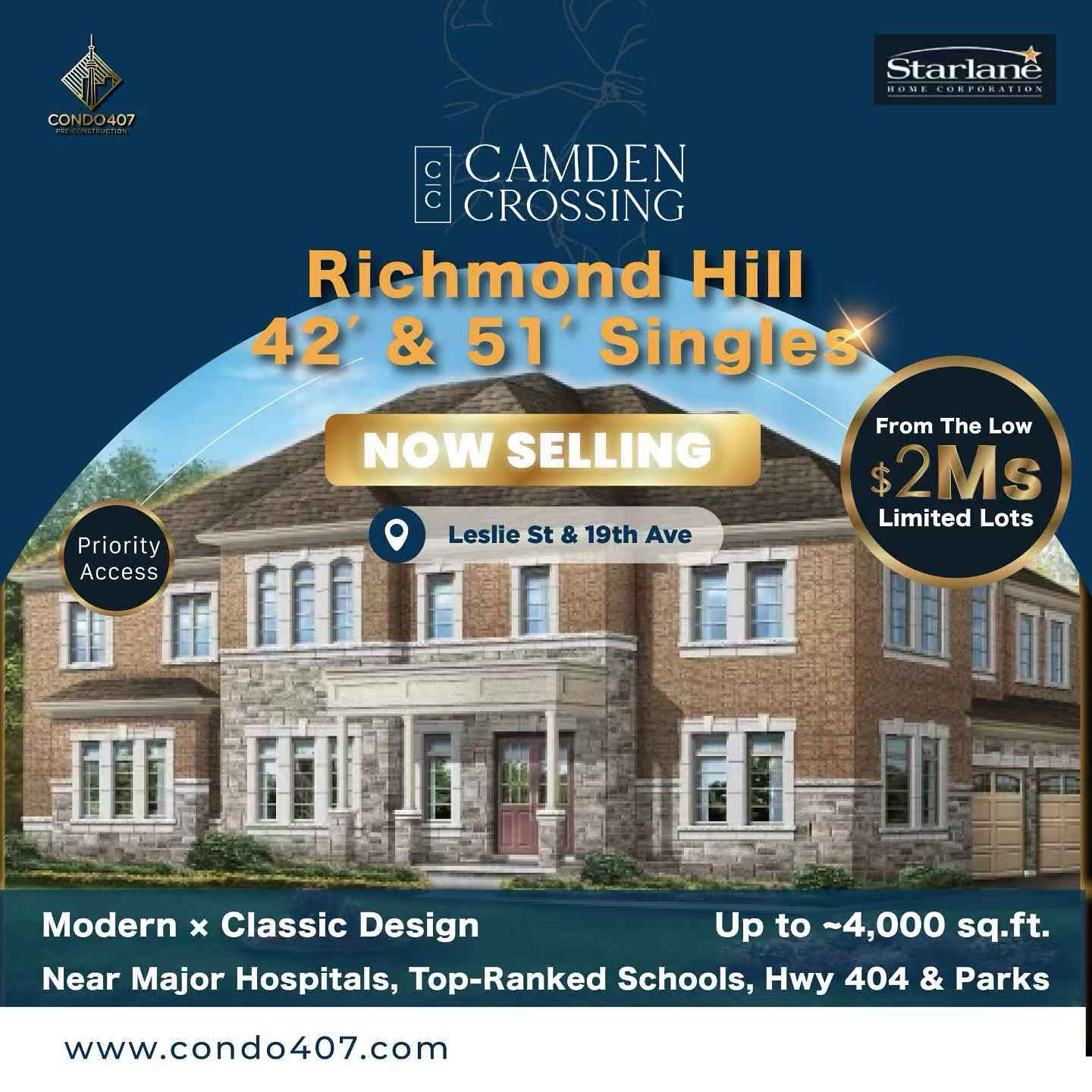 🌿✨ Camden Crossing 42′ & 51′ Luxury Singles — Where Dreams Take Root ✨🏡
📍 Leslie St & 19th Ave, Richmond Hill
🗓 Phase 3 — Now Selling
💰 Starting from $2.07M
🏡 More than a house—a place your heart calls home. Crafted by Starlane Homes, Camden Crossing delivers a timeless, elegant living experience.
🌳 Green surroundings, serene everyday living
🚗 Quick access to Hwy 404
🏫 Top-ranked school catchments
🛍️ Boutiques & cafés for warm, daily moments
🏡 42′ frontage layouts — stronger curb appeal, easier parking
🛏️ 4–5 bedrooms + Den (select plans) | Open-concept main floor
🌤️ Bright interiors | Second-floor Family Room (select plans)
📦 Site Plan | Floorplans | Special Pricing — DM “Camden42”
🎯 Limited lots | Priority registration
✨ Meet the good life. Come home to Camden Crossing. ✨
📢 Register today & don’t miss this opportunity!
📩 CONTACT ME NOW TO LEARN MORE:
☎️ 416.856.1997
☎️ 416.879.6118
📧 info@condo407.com
🌐 www.condo407.com
#camdenCrossing #toronto #richmondHill #luxuryLife #newHouse #GTArealEstate #sale #RealEstate