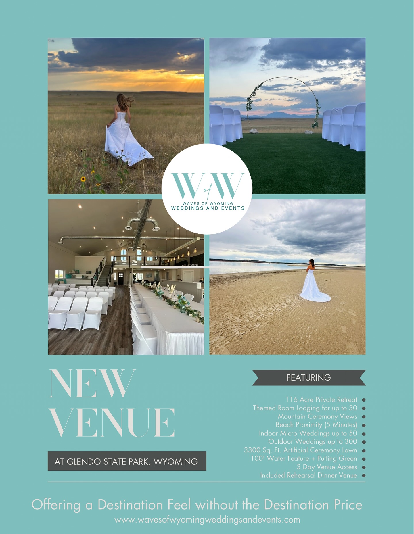 We’re thrilled to announce the opening of Waves of Wyoming Weddings & Events – a brand new venue at Glendo State Park, Wyoming!💍✨
Our venue offers the destination feel without the destination price. We know couples are looking for something beautiful, unique, and affordable – and we’re here to deliver.
✨ What makes us special:
🩵 116-Acre Private Retreat
🚗 2 hours from Colorado /Wyoming border
🛏️ Sleep your wedding party- up to 30
🌊 5 minutes from Sandy Beach for stunning photography + adventures
⛰️ Mountain ceremony views
💍 Indoor micro weddings up to 50
✨ Outdoor ceremony/ receptions up to 300
🌿 3300 sq. ft. artificial ceremony lawn
💧 100’ water feature
⛳️ On-site putting green
🙌🏻 3 day venue access
💰 FREE rehearsal dinner space up to 50
Learn more at www.wavesofwyomingweddingsandevents.com