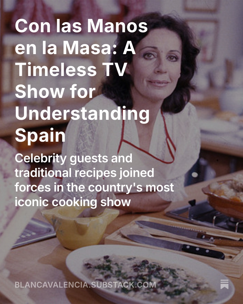 This week on substack I write about Con Las Manos en la Masa, a Spanish Cooking TV show that explored all the cultural intersections of the era from 1984-1991. Elena Santonja the director, creator and presenter peeled the layers of her guests and their favorite recipes like onions.
From writer Manuel Vázquez Montalbán creator of Spain's most famous and gourmand detective Carvalho to actress Carmen Maura of Almódovar movie fame, you just had to be on the show to be relevant.
At Link in Bio
and https://blancavalencia.substack.com/p/con-las-manos-en-la-masa-a-timeless
#substack #spanishfoodsubstack #spanishfood #substackwriter