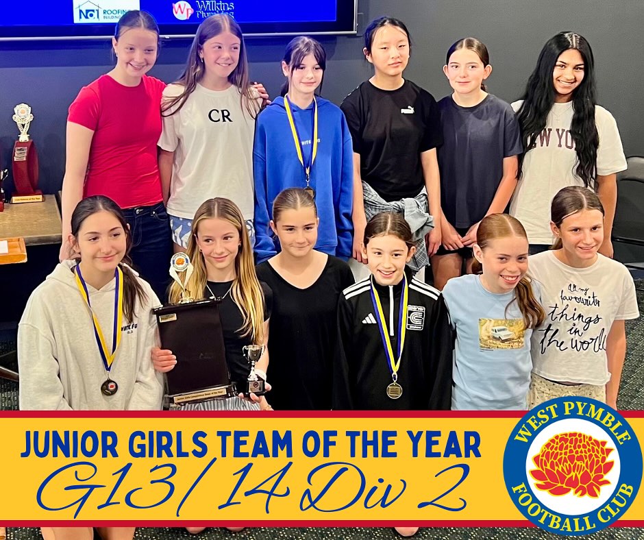 G13/14, Junior Girls Team of the Year, 2025 💛💙
This team was promoted to a higher age group early in the season after a streak of wins in their age division.
They played 15 games, finishing the season with 12 wins, 3 draws, and 1 loss.
They finished 4th on the table, and went on to win the semi final vs North Sydney in a tight 1-0 game!
The grand final was an equally competitive game, and the girls came home with a 1-0 win vs Lindfield!
We are thrilled to announce, the winner of this year’s Junior Girls Team of the Year Award is the G13/14, Division 2! 💛💙