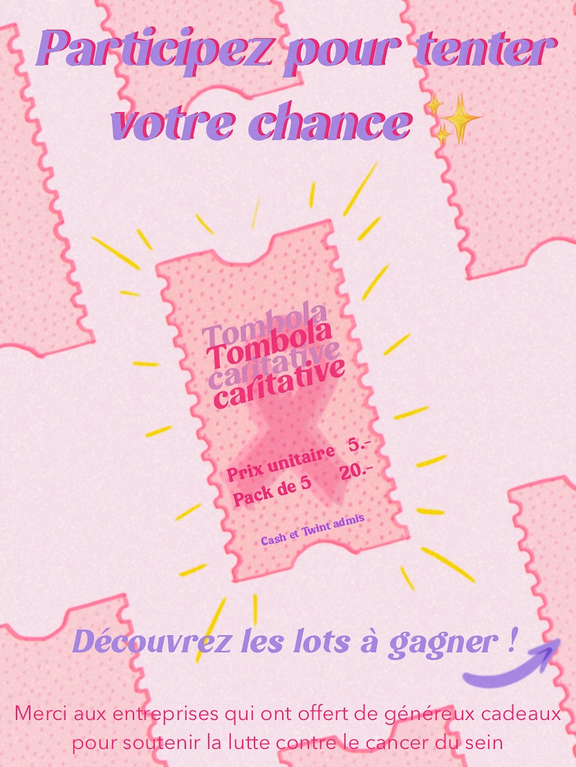 ✨ Tous les bénéfices de la tombola seront reversés à @liguegenevoisecontrelecancer 💕
Merci à nos sponsors et aux entreprises participantes pour leur précieux soutien 🙏
🎟️ Rendez-vous le 4 octobre pour tenter votre chance! ✨