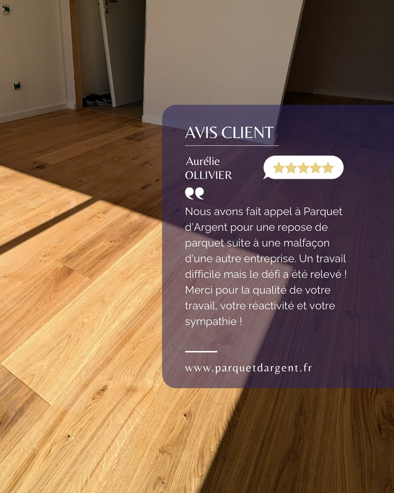 La satisfaction de nos clients est notre plus belle récompense ! Merci à Aurélie pour son avis 5⭐ sur Google 🙏
Chez Parquet D’argent, nous mettons tout notre savoir-faire au service de vos sols en bois.
#ParquetDargent #AvisClient #RénovationParquet #Parquet #SatisfactionClient #Gironde