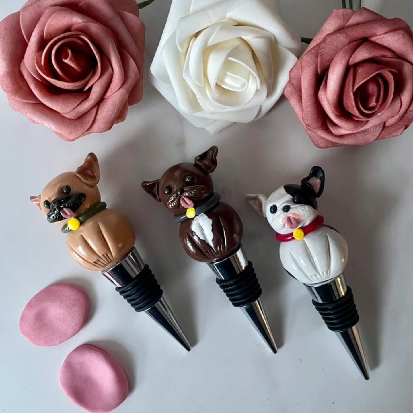 Can you tell that Furbabies & Florals are our vibe? 🥰 www.gigglethis.com #vibes #animals #winestoppers #bottlestoppers #handmade #polymerclay #type #frenchies #cats #cutecatcrew
