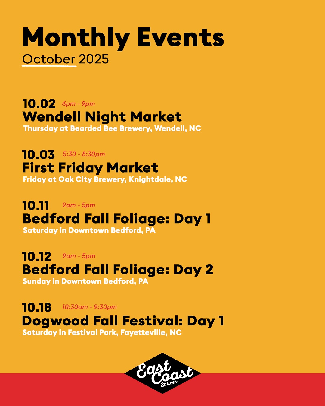 Here are our events this month!! Tonight starts us off in Wendell then we have a pretty big month ahead that we are excited about!! Come grab some sauce and hear our story!