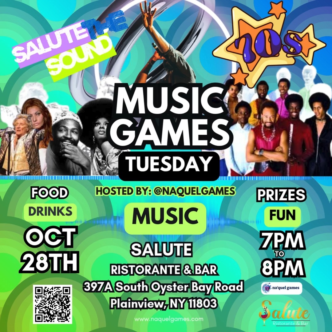 🎧 "The only show where the crowd drops the mic!" - Let's Play 🤣
📍SALUTE RISTORANTE & BAR
397A South Oyster Bay Road
Plainview, NY 11803
📆 Tuesday, OCTOBER 28th
⏰ 7PM to 8PM!
#NaquelGames #1970s #SaluteTheSound #MusicLover #NameThatTune #MusicTrivia #TuesdayTrivia #Italian #Foodie #LongIsland #Salute #Plainview #TuesdayNight #Fun #Trivia #Music #PerfectPlaylist #GoodSounds #RockandRoll #RandB #ClassicRock #Pop #HipHop #Country #Soul #Jazz #Eat #Play #Win #Connect