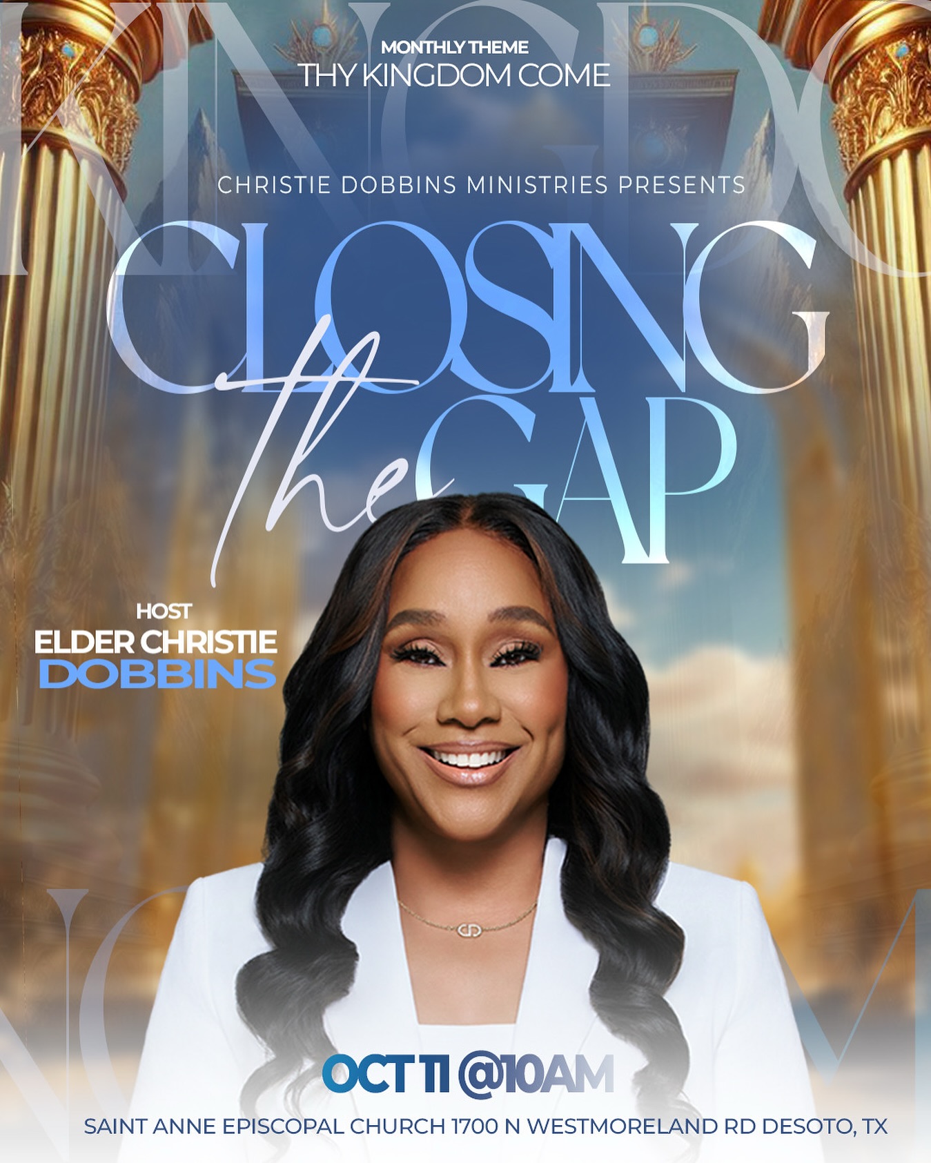 We’ve entered the fourth quarter of 2025! As any athlete or coach will tell you: games are won and lost in the fourth quarter. This is when champions dig deep, push through fatigue, and give everything they have. This is no time to coast, it’s time to finish strong!
You’re invited to the next Closing the Gap: Saturday, October 11th at 10:00 AM CDT
📍Saint Anne Episcopal Church, 1700 N Westmoreland Rd, DeSoto, TX 75115.
This Month’s Theme is “Thy Kingdom Come,” rooted in Matthew 6:10, “Your kingdom come, your will be done, on earth as it is in heaven.” As we pray these familiar words, we’re declaring our desire for God’s reign to break into our everyday lives. His kingdom isn’t just a future promise, it’s a present reality we can experience and advance right here, right now.
Whether you’re pursuing personal goals, spiritual breakthroughs, or kingdom impact in your community, let’s encourage one another to run toward the finish line with renewed strength and restored passion. The year isn’t over yet, and your best days could still be ahead!
Join us as we worship, connect, and challenge each other to close the gap between where we are and where God is calling us to be.
We can’t wait to see you there!
.
.
.
.
.
#christiedobbinsministries #closingthegap