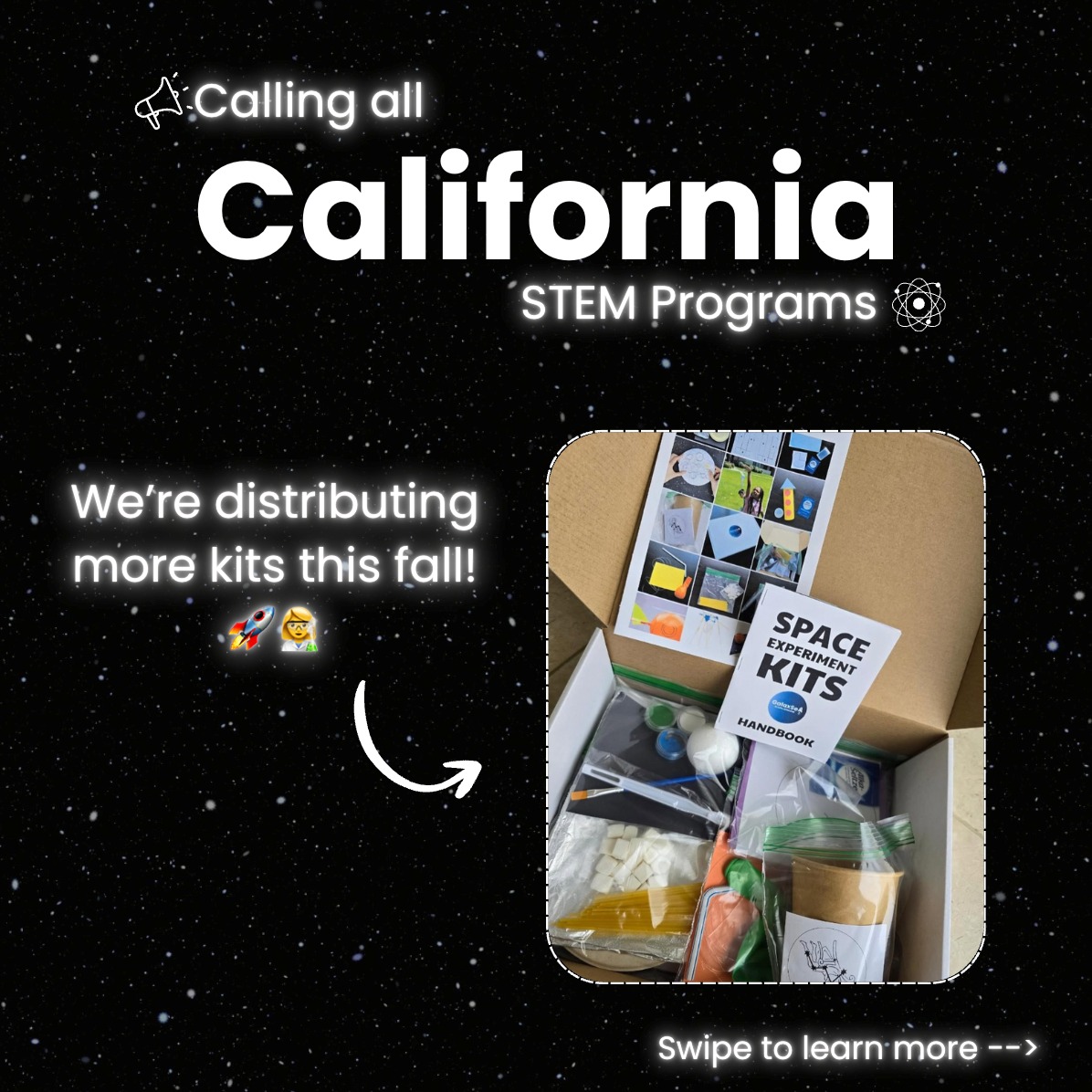 We're rolling out more of our DIY Space Kits this fall and winter! π¦ Check out details to see if your organization qualifies.
**Due to limited supply, we may have to place some organizations on a waitlist. We'd like to give the highest quality of kits to every requesting organization but please understand that large numbers may take a while to package and transport.