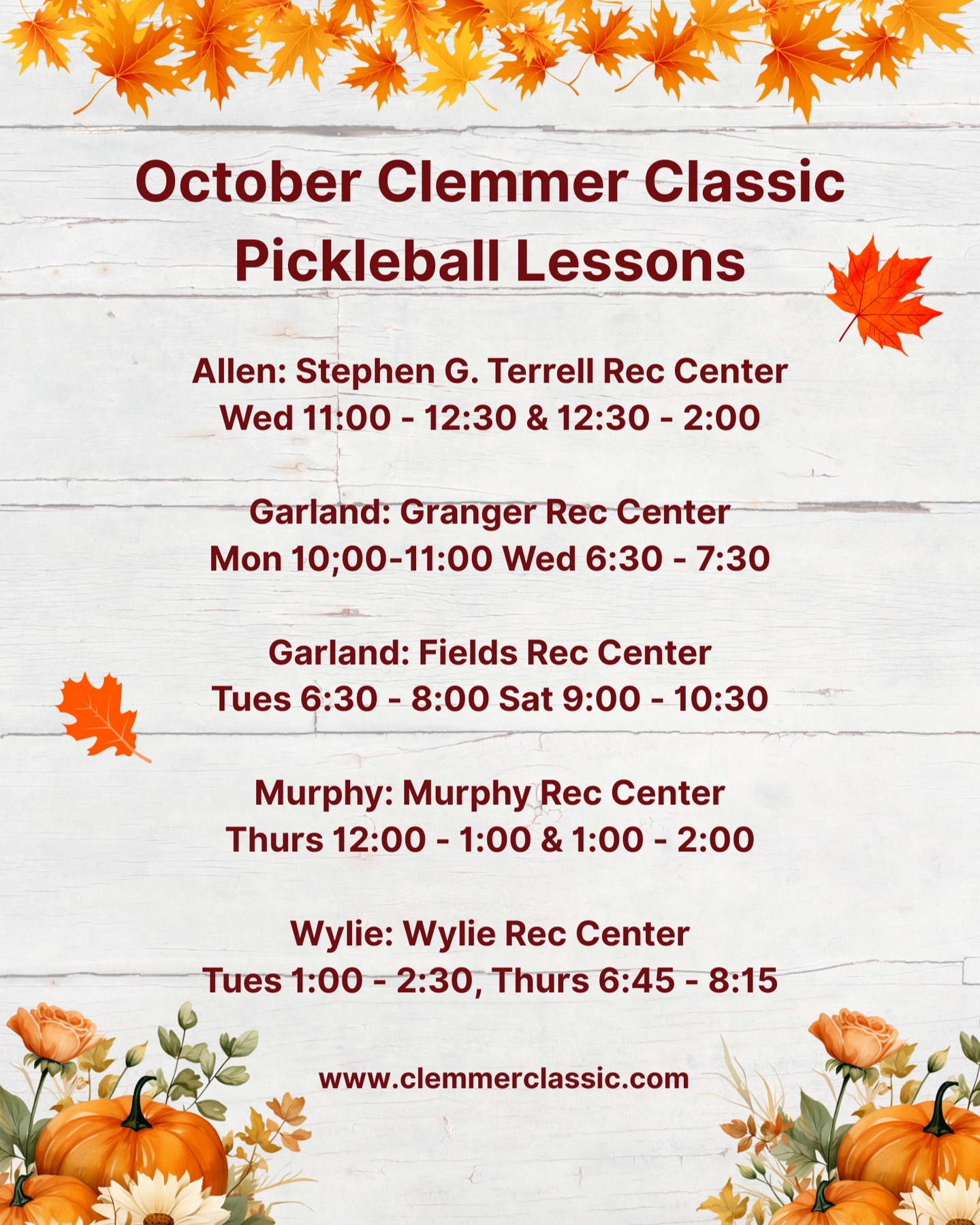 October Clemmer Classic Pickleball- something for everyone!
🎃 Pickleball Lessons
🎃 Ladies Sunday Fundays (3 in Oct)
🎃 PACE Smash Event (10/17)
🎃 Golden hours for our Seniors
🎃 Pickleball Tournament (11/15/25)