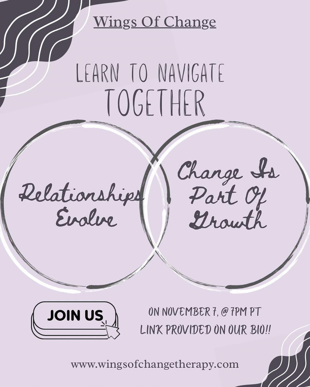 Happy Friday, friends! 🌟
We’re excited to share that our next Wings of Change Therapy webinar is right around the corner! On November 7th @ 7:00 PM, Co-Owner Melanie Castellari will be leading “Transitions Through Relationships: Navigating Change Together.”
Relationships naturally shift as we move through different seasons of life. From new beginnings to unexpected challenges, change is something every couple experiences—but learning how to move through it side by side can make all the difference.
During this webinar, Melanie will explore:
• What relationship transitions are and how to recognize them early
• Common changes couples face—from moving in together and marriage, to parenthood, career shifts, and coping with loss
• The psychology behind transitions, including emotional responses like uncertainty, anxiety, and excitement
• Tools for adapting with resilience and deeper connection
💌 This will be a supportive, insightful space to reflect, learn, and walk away with strategies you can use in your own relationships.
✨ Save the date, invite your partner or a friend, and join us—the link will be in our bio! We’d love to have you there!
#TransitionsThroughRelationships
#navigatingchangetogether
#relationshipwellness
#partnershipgrowth
#strongertogether