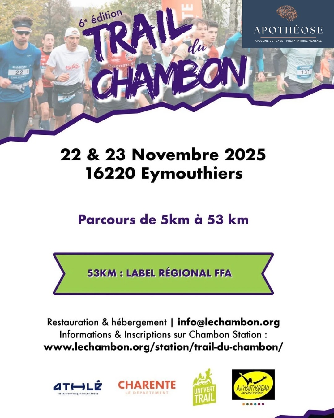 🏃♂️ Jeu concours - Gagne ton dossard pour le Trail du Chambon 🏃♀️
Le Trail du Chambon revient les 22 & 23 novembre ! 🎉
Et pour l’occasion, je te fais gagner 3 dossards pour la course de ton choix 🤩
Pour participer :
✅ Suis le compte @apollineburgaud et @le_chambon
✅ Like ce post
✅ Identifie 3 amis en commentaire
✨ Partage en story pour doubler tes chances
Tirage au sort : 8 novembre
🎁 3 gagnants = 3 dossards à gagner
Bonne chance à tous 🍀 et rendez-vous sur les sentiers du Trail du Chambon, où je serai présente ✨
Et rappelle-toi : la préparation mentale, c’est pour tout le monde 💡
Pas besoin d’être sportif de haut niveau, ni même d’avoir un “problème” particulier... seulement de vouloir progresser !
Ça peut t’aider bien plus que tu ne l’imagines.
#jeuconcours #angouleme #charente #trail #run #preparationmentale
