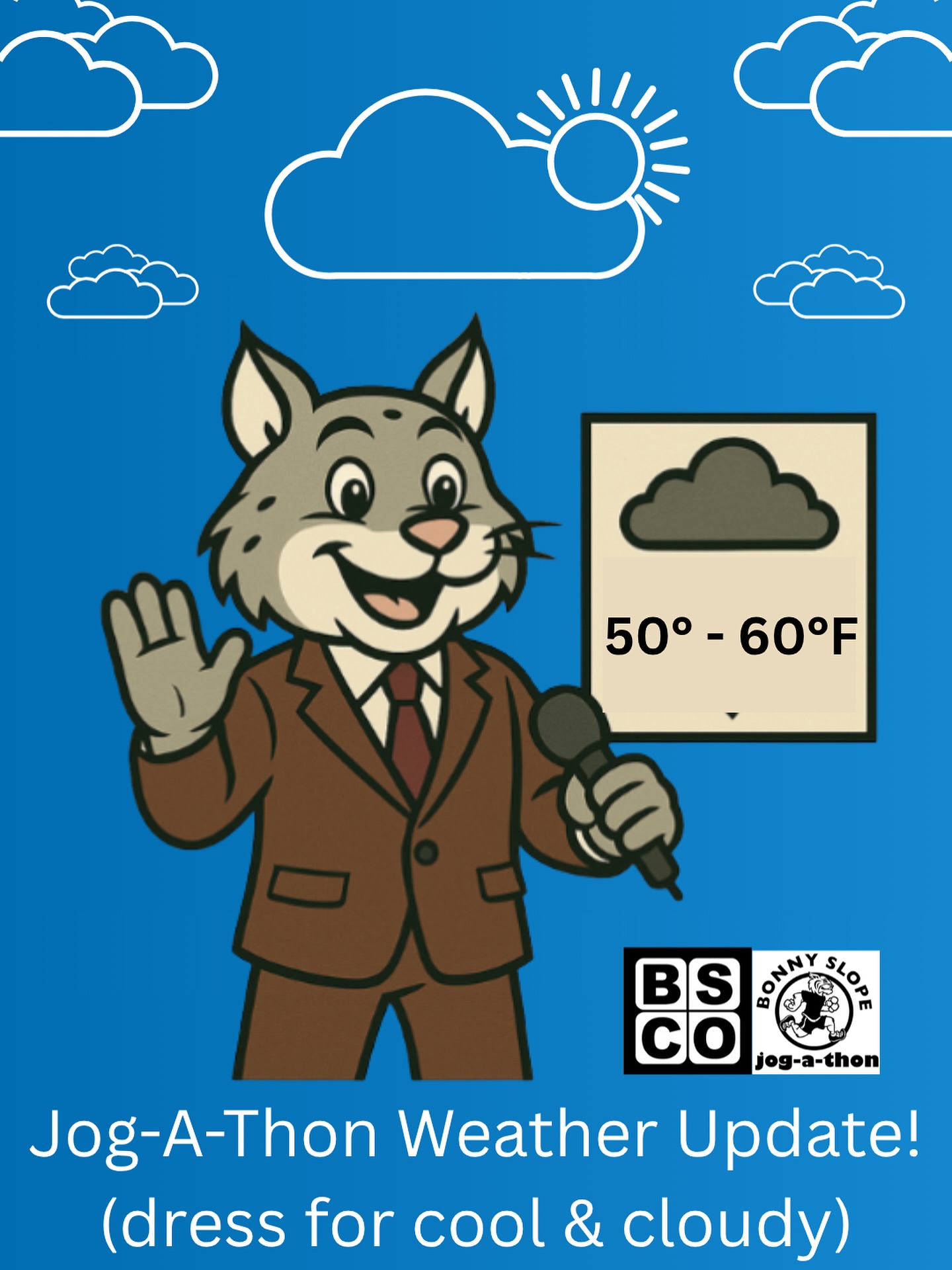 Weatherman Bobby here with your Friday forecast! ๐ฅ๏ธ It is looking to be cool and cloudy for Jog-A-Thon, so please dress appropriately - and in your class colors! We canโt wait for the big event tomorrow! ๐โโ๏ธ๐โโ๏ธ๐โโ๏ธ